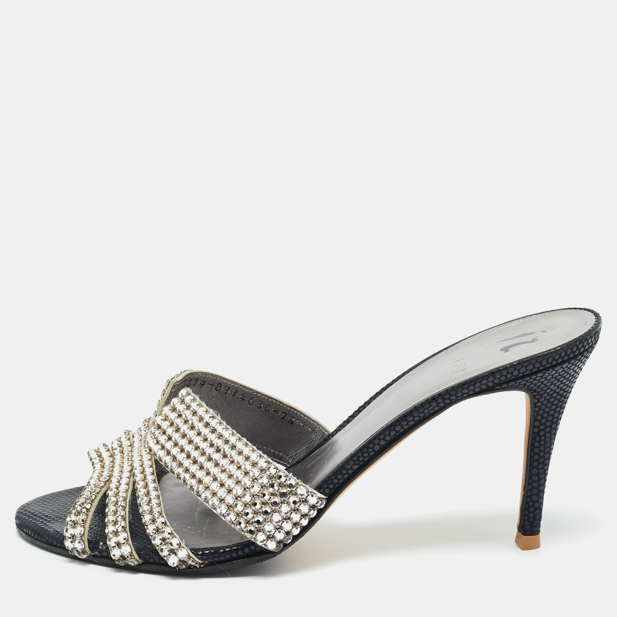 

Gina Silver Leather Crystal Embellished Slide Sandals Size 40.5, Black