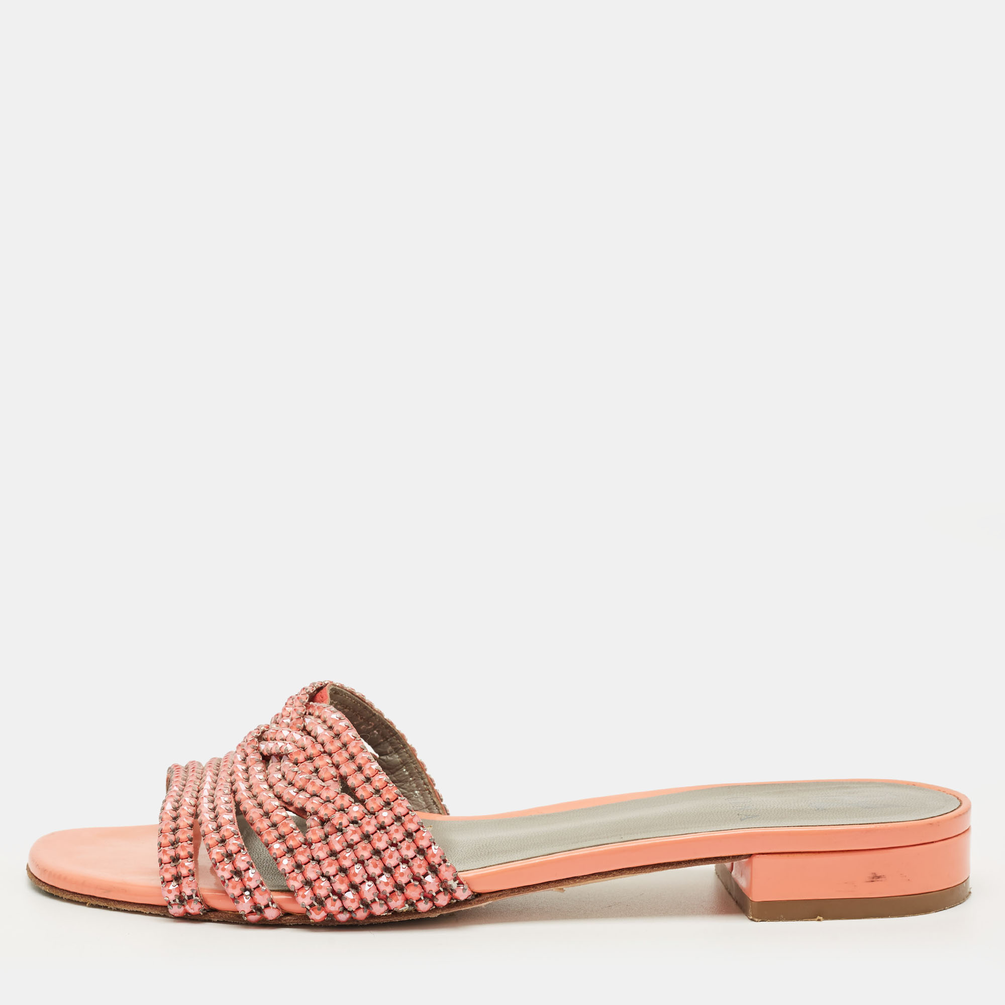 

Gina Pink Leather Crystals Embellish Flat Sandals Size