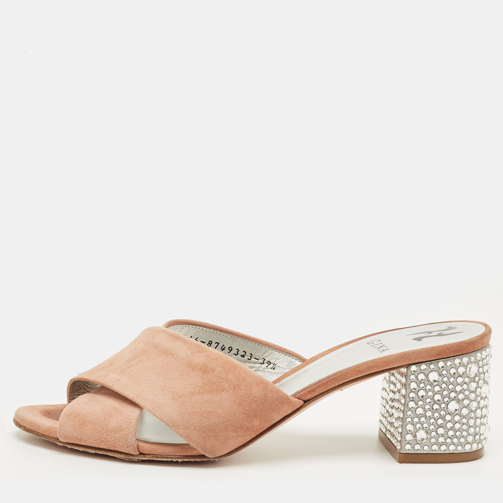 Pre-owned Gina Beige Suede Cross Strap Crystal Embellished Block Heel Slide Sandals Size 39.5