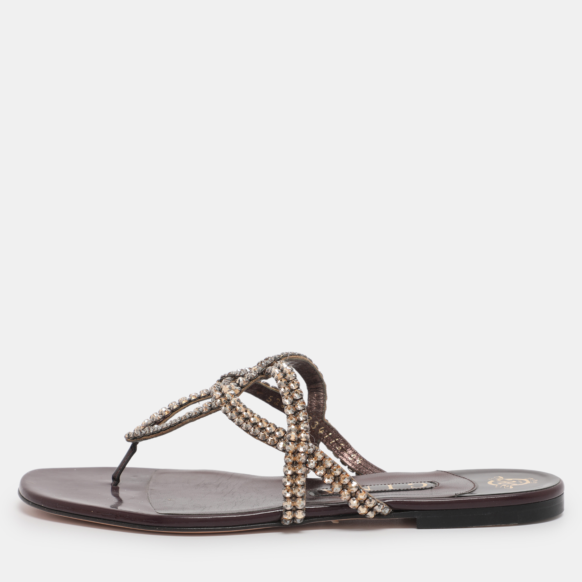 

Gina Burgundy Crystal Embellished Leather Thong Flat Slides Size 38.5