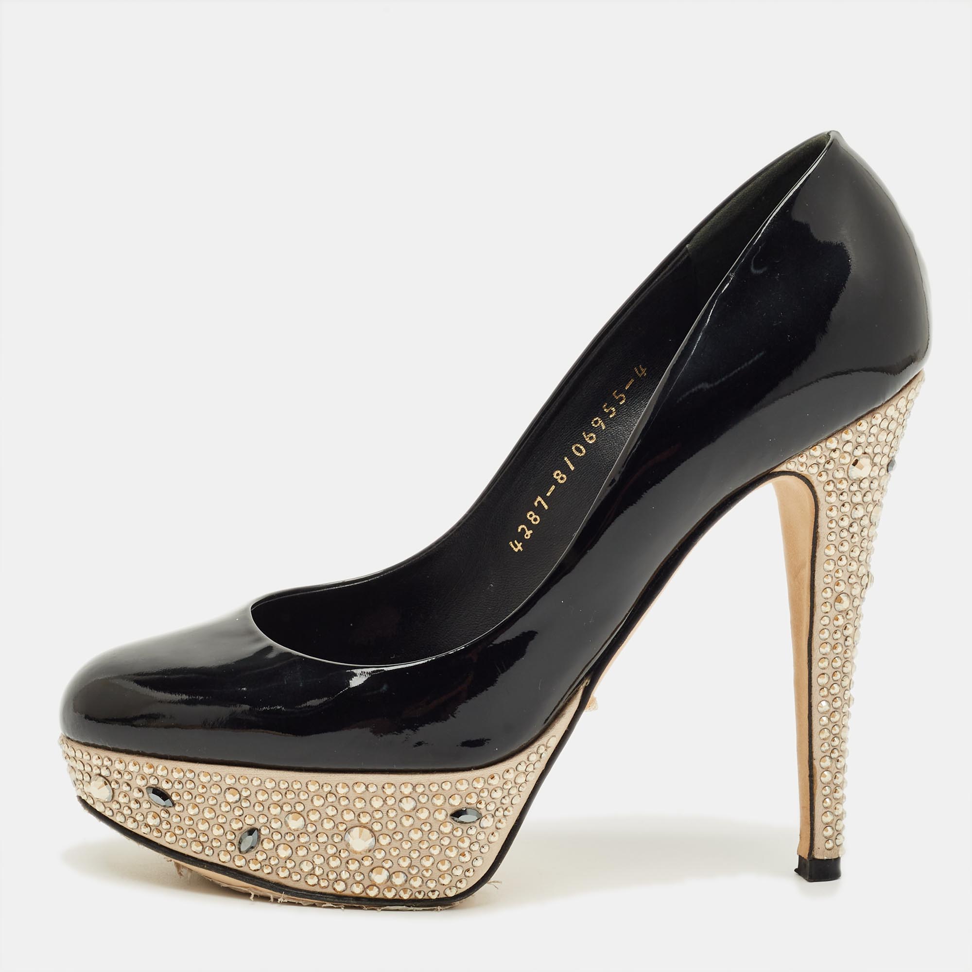 Pre-owned Gina Black Patent Leather Crystal Embellished Platform Pumps Size 37