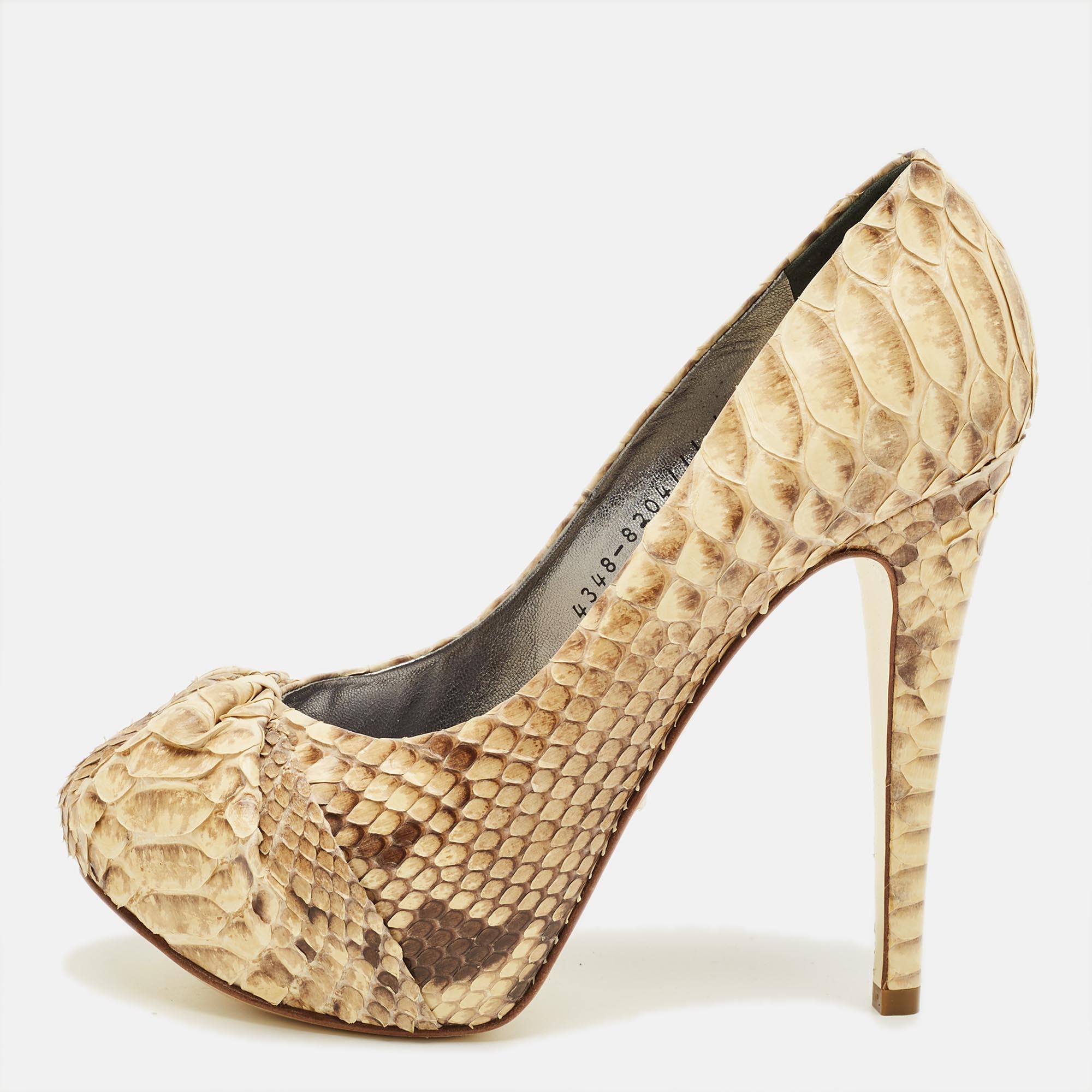 Pre-owned Gina Beige/brown Python Leather Hoodie Platform Pumps Size 37 In Sand
