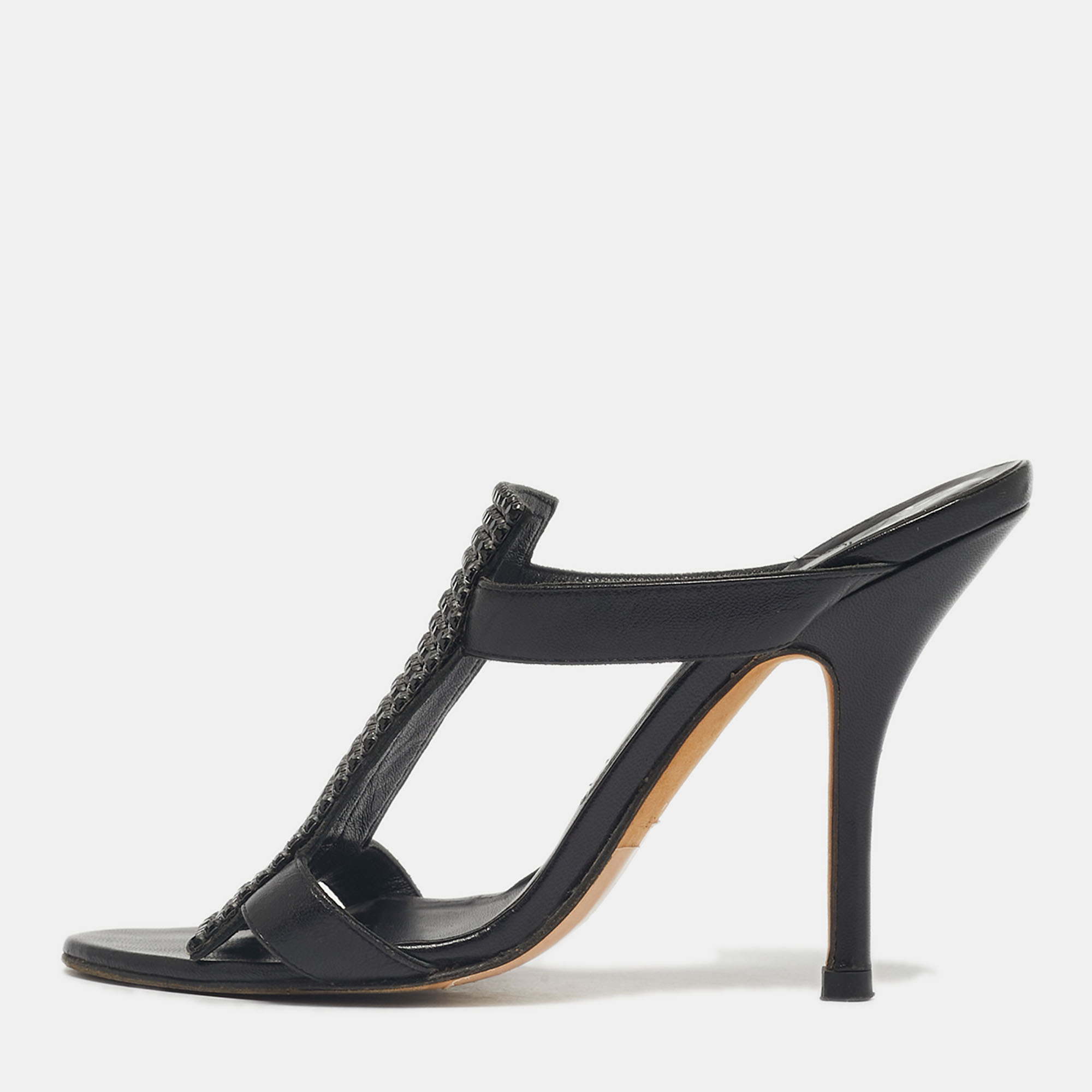Pre-owned Gina Black Crystals And Leather Slide Sandals Size 37