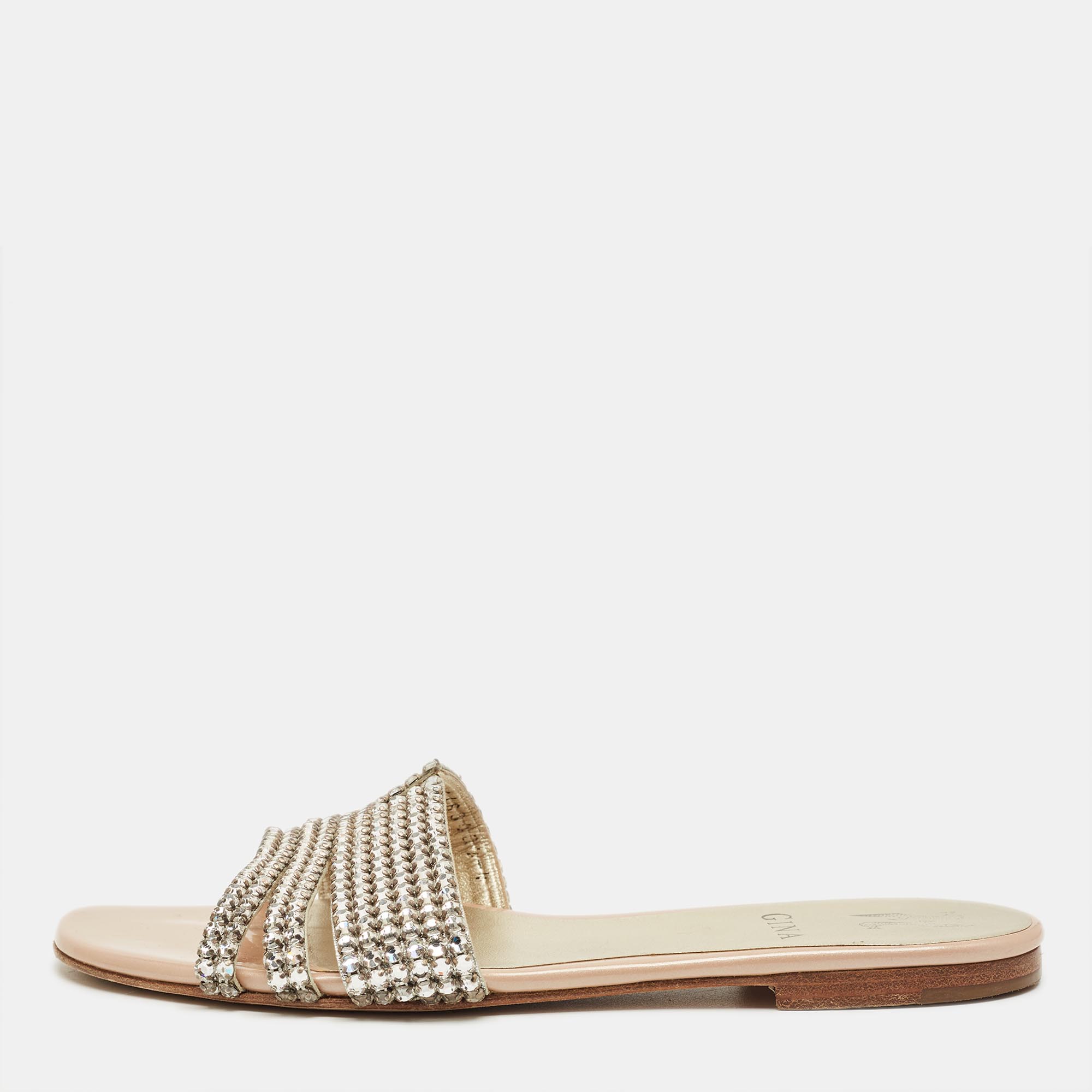 

Gina Silver Leather Crystal Embellished Flat Slide Size 37