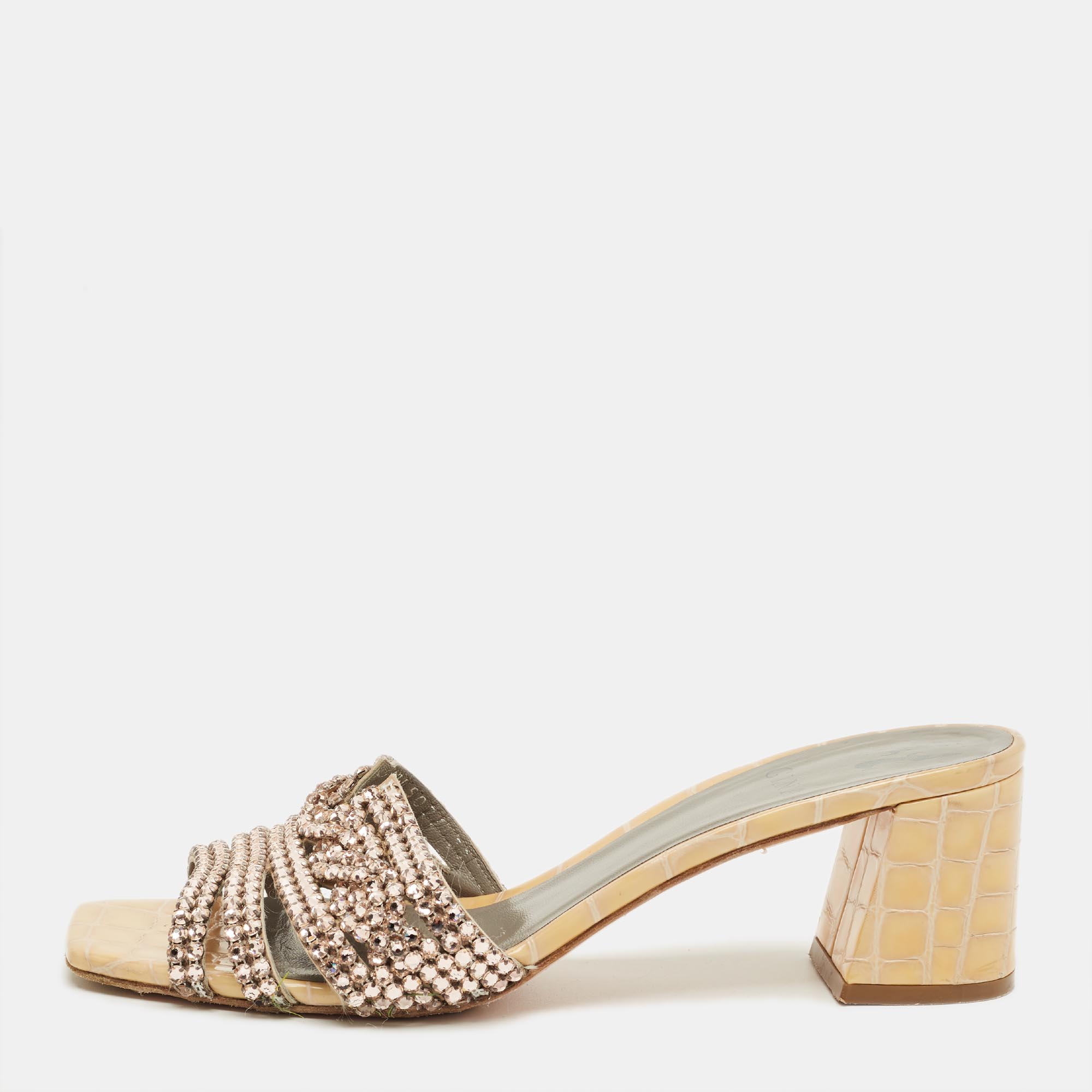 

Gina Beige Croc Embosse and Leather Crystal Embellished Loren Slide Sandals Size