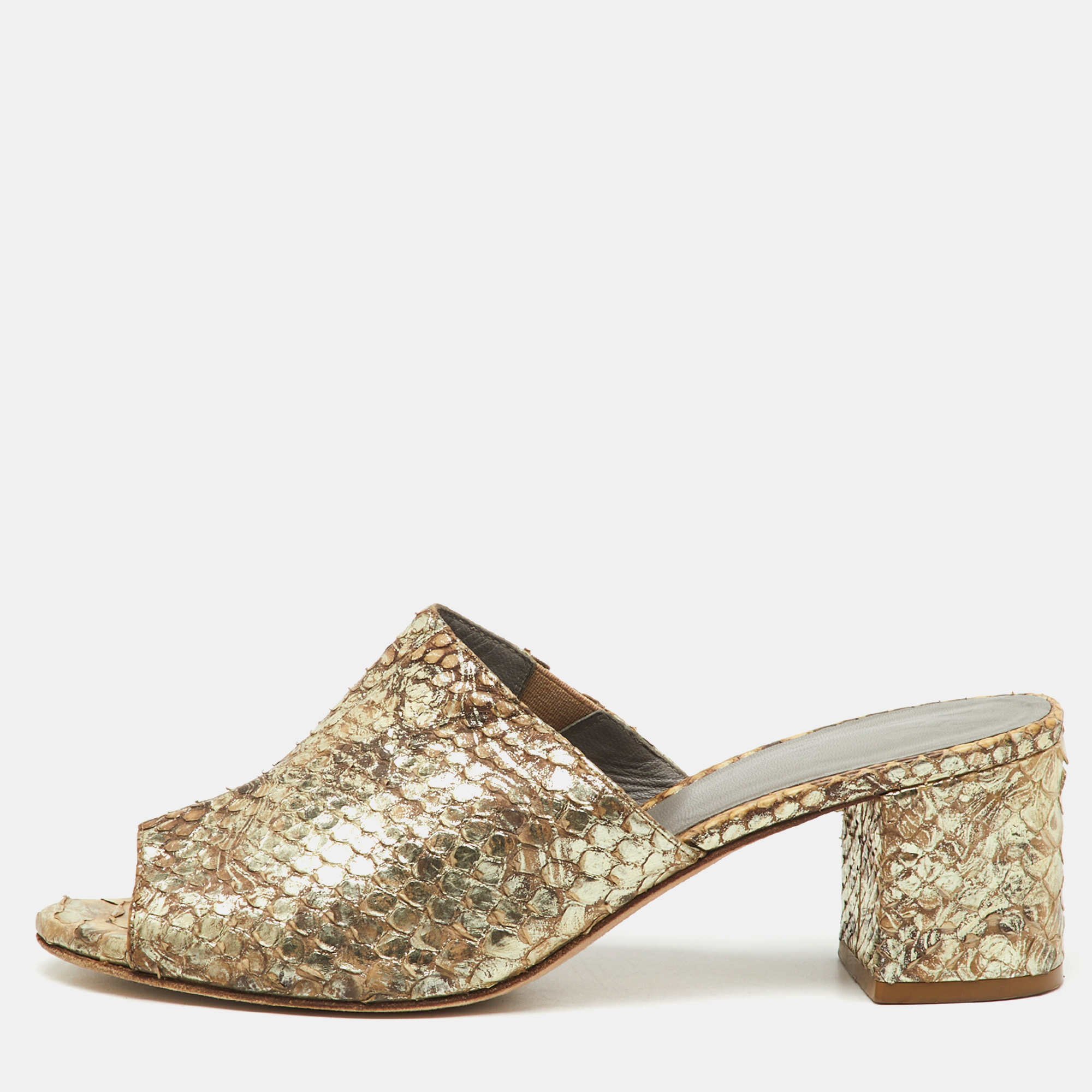 Pre-owned Gina Metallic Beige Snakeskin Leather Block Heel Slide Sandals Size 38