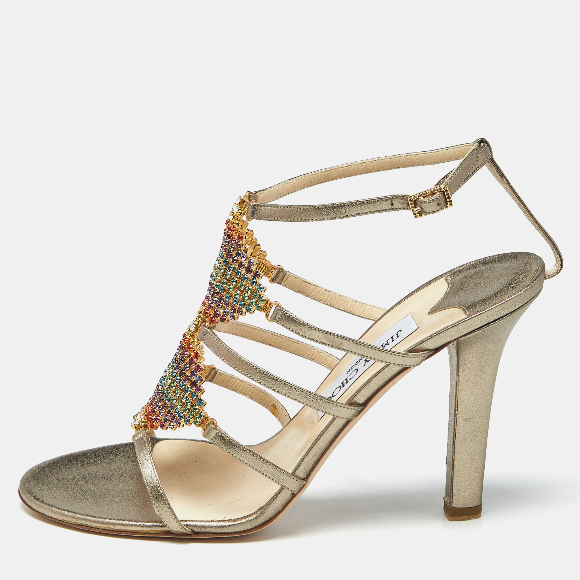 Pre-owned Gina Metallic Gold Leather Crystal Embellished Ankle Strap Sandals Size 39