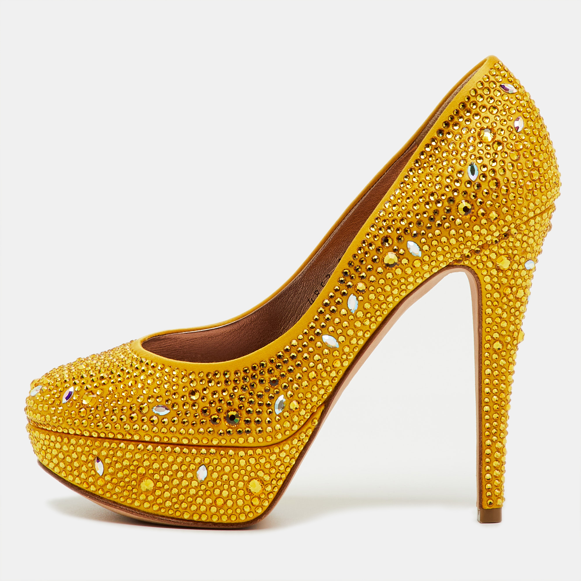 Pre-owned Gina Yellow Satin Dolly Crystal Embellished Platform Pumps Size 37.5