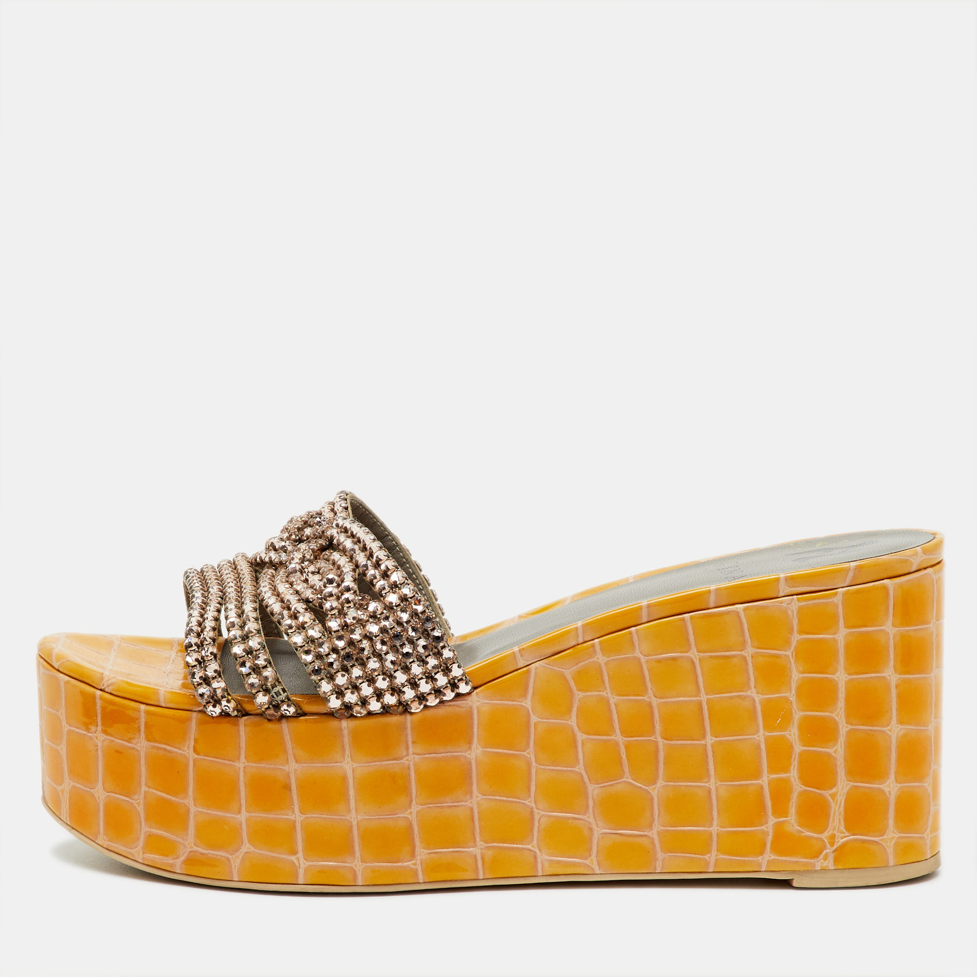 

Gina Yellow Croc Embossed Patent Leather Crystal Wedge Platform Sandals Size