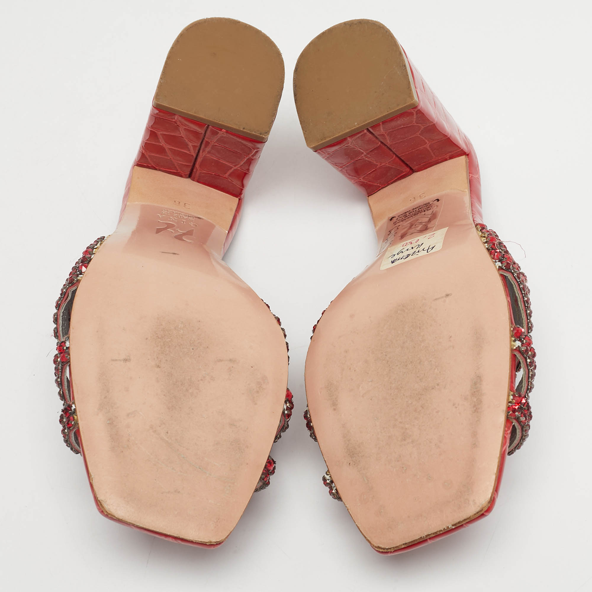 Pre-owned Gina Red Leather Crystal Embellished Slide Sandals Size 36