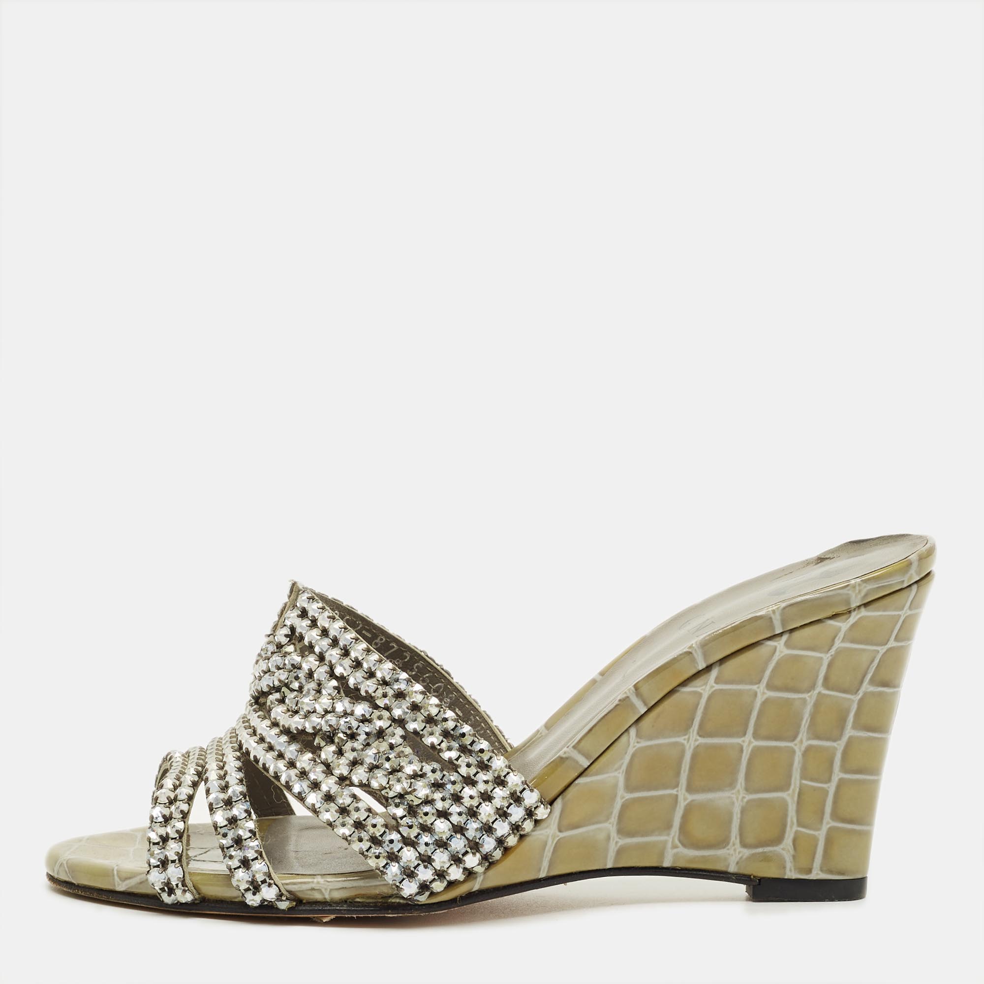 Pre-owned Gina Grey Croc Embossed Leather And Leather Rodeo Wedge Slide Sandals Size 36.5 In Gray