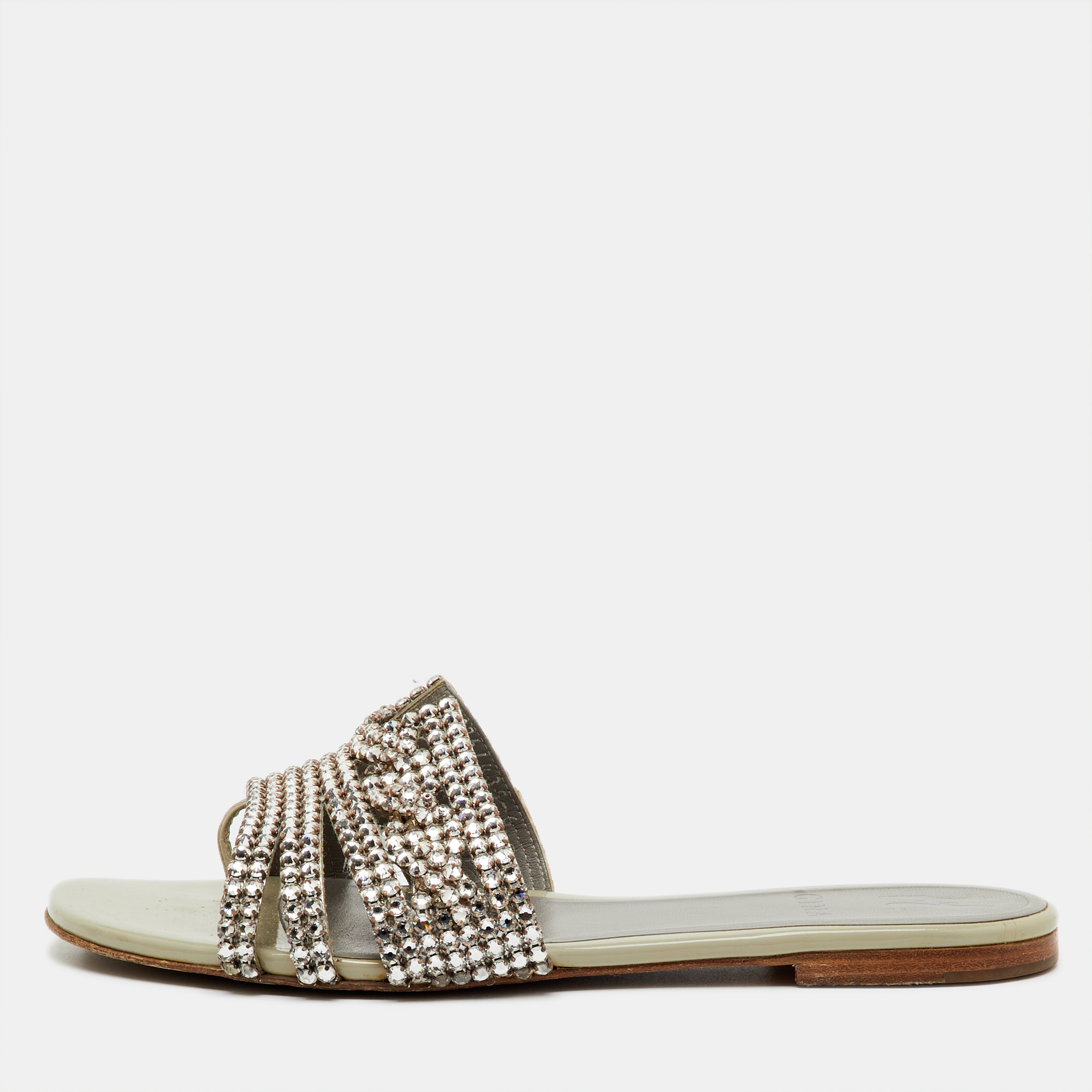 GINA Pre-owned Grey Leather Loren Crystal Embellished Flat Slide Sandals Size 39 In Gray