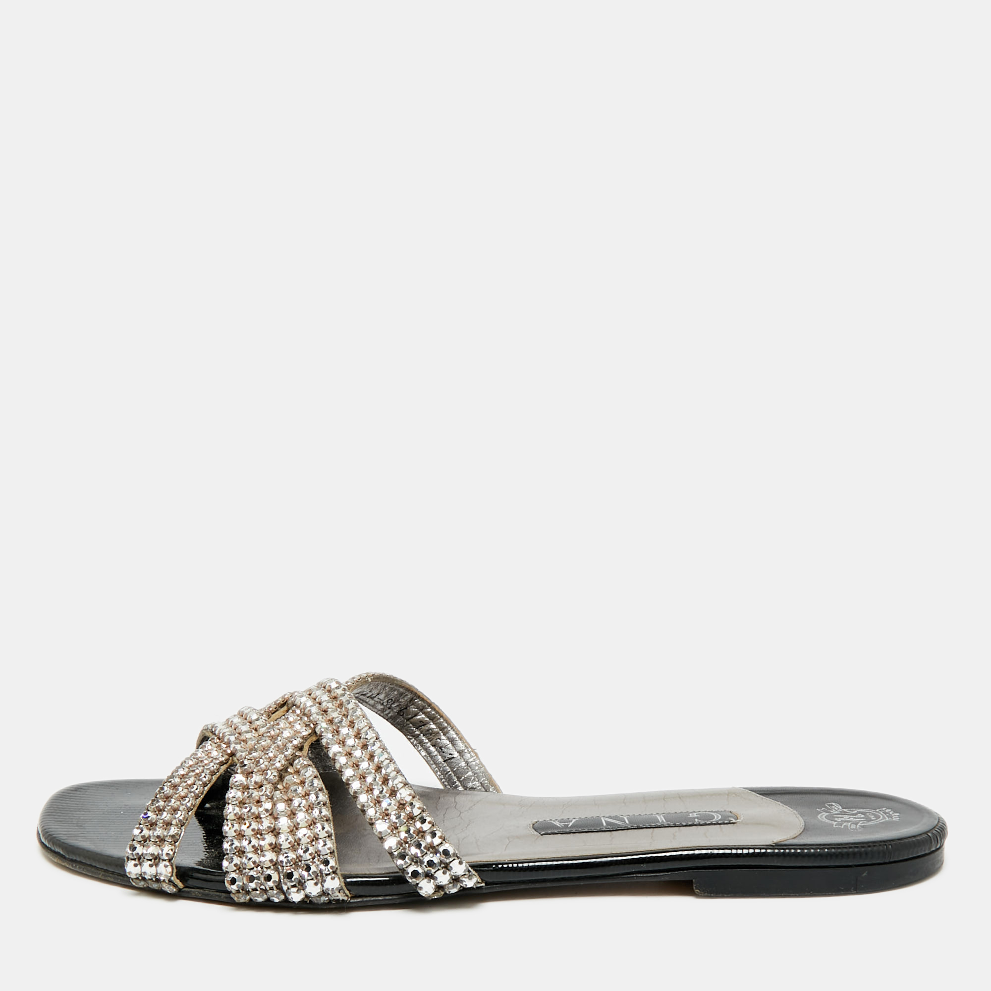 

Gina Size 40 Black Leather Crystal Embellished Flat Slide Sandals