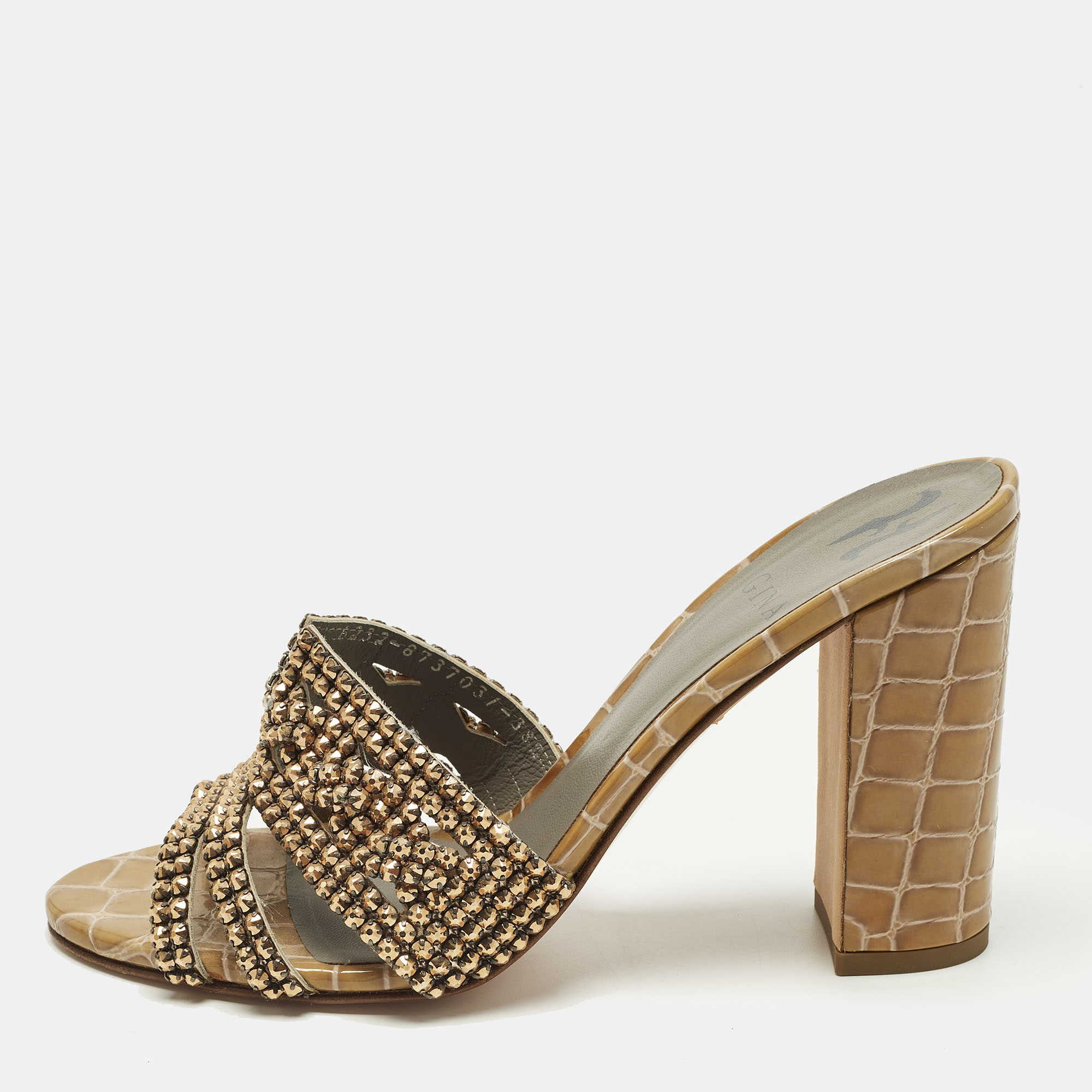

Gina Size  Brown Croc Embossed Leather Crystal Embellished Slide Sandals
