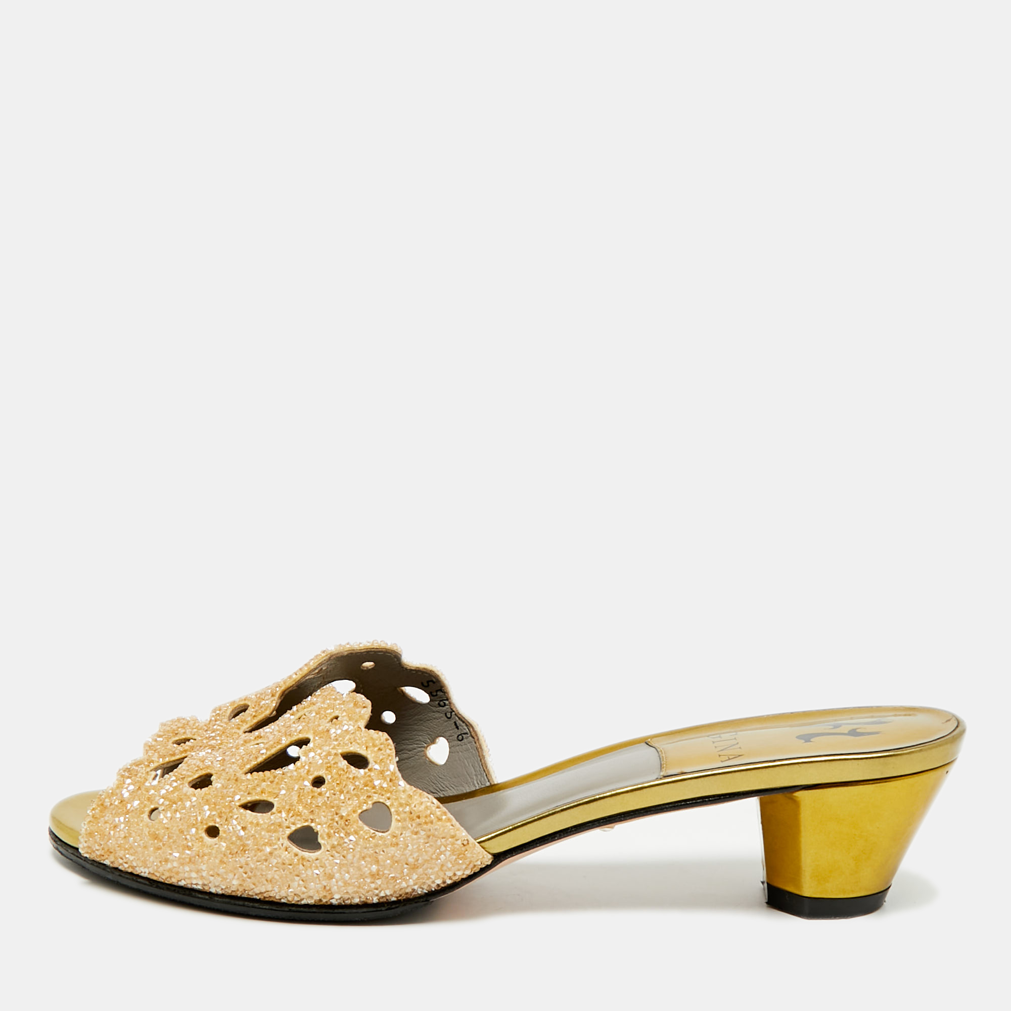

Gina Lasercut Crystals Size 39 Gold Leather Slide Sandals