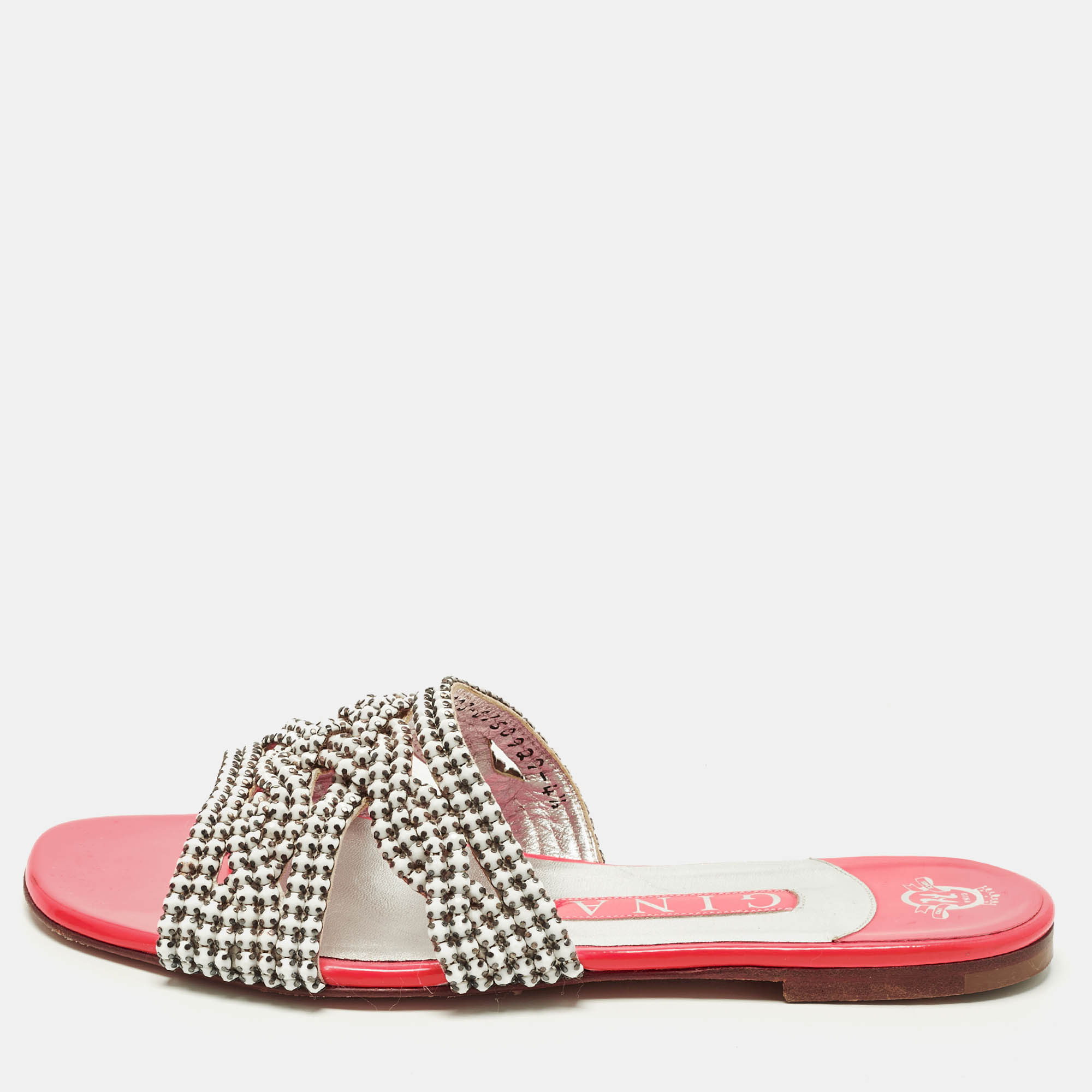Pre-owned Gina Size 37.5 White/pink Leather Crystal Embellished Flat Sandals