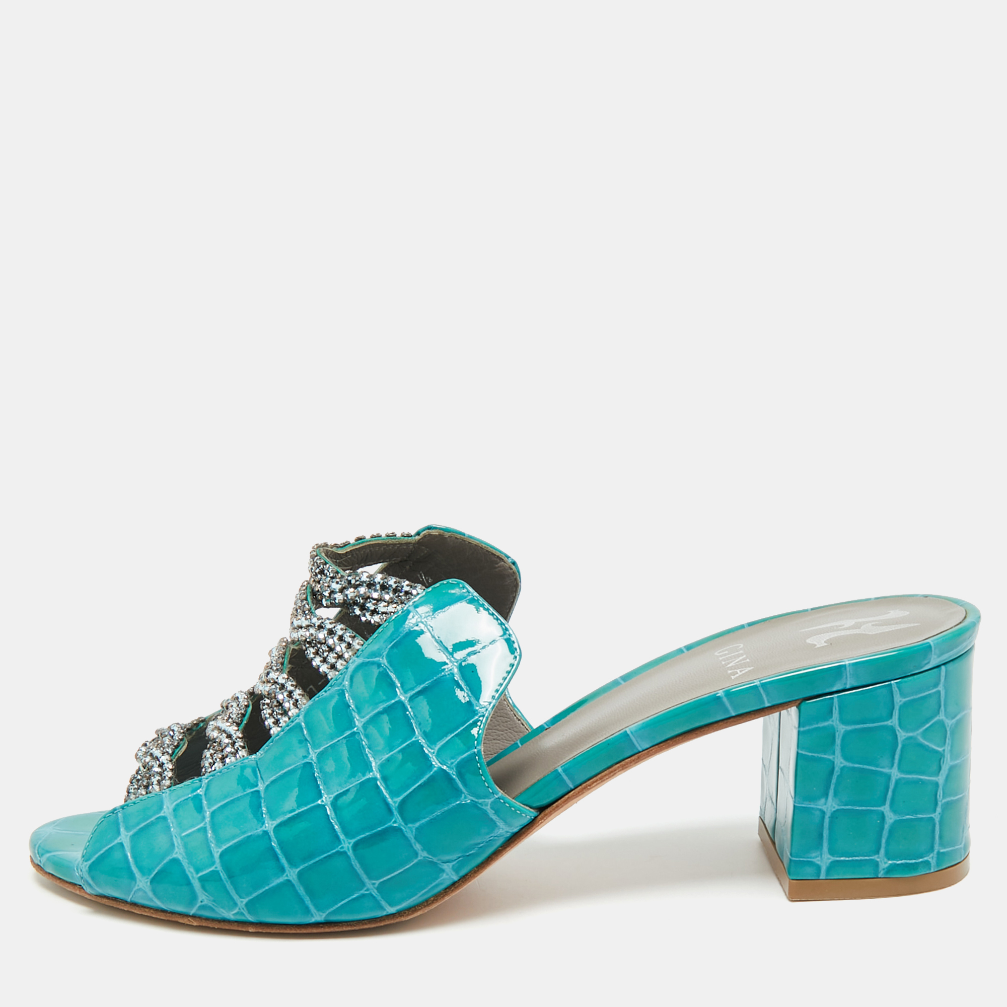 

Gina Size  Blue Croc Embossed Patent Leather Crystal Embellished Mules