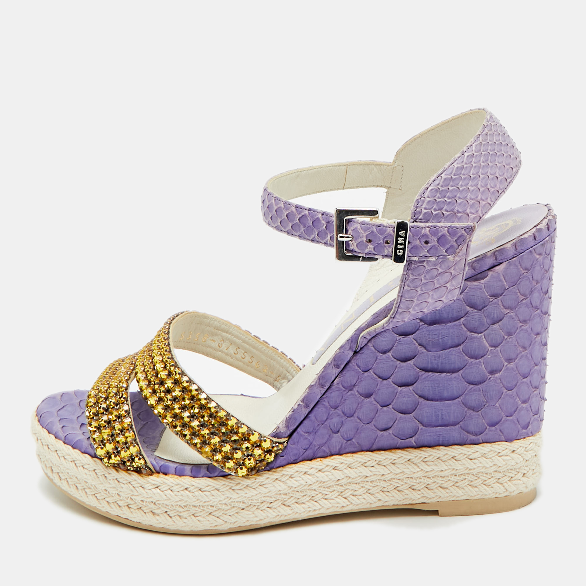 Pre-owned Gina Size 38 Purple Python Leather Crystal Embellished Wedge Ankle Strap Sandals