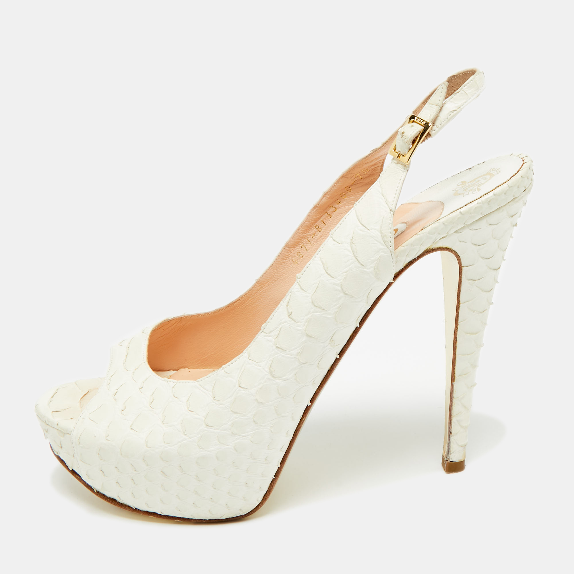 Pre-owned Gina Size 40.5 White Python Leather Slingback Pumps