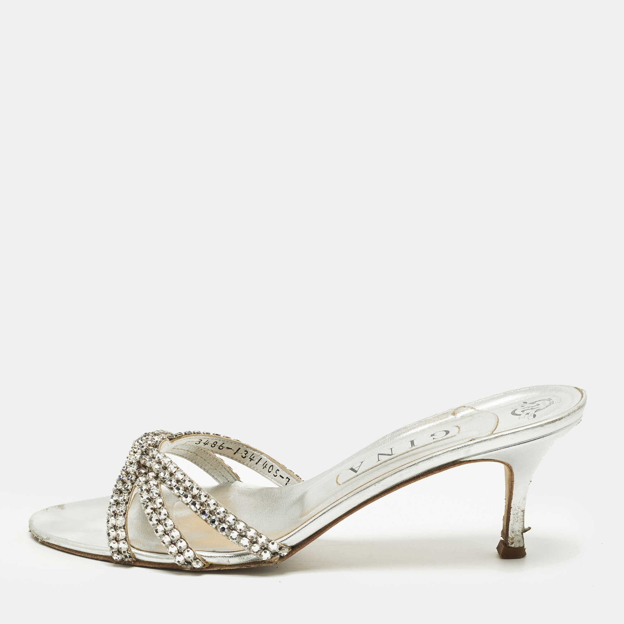 Pre-owned Gina Gallery Size 40 Silver Leather Crystal Embellished Slide Sandals