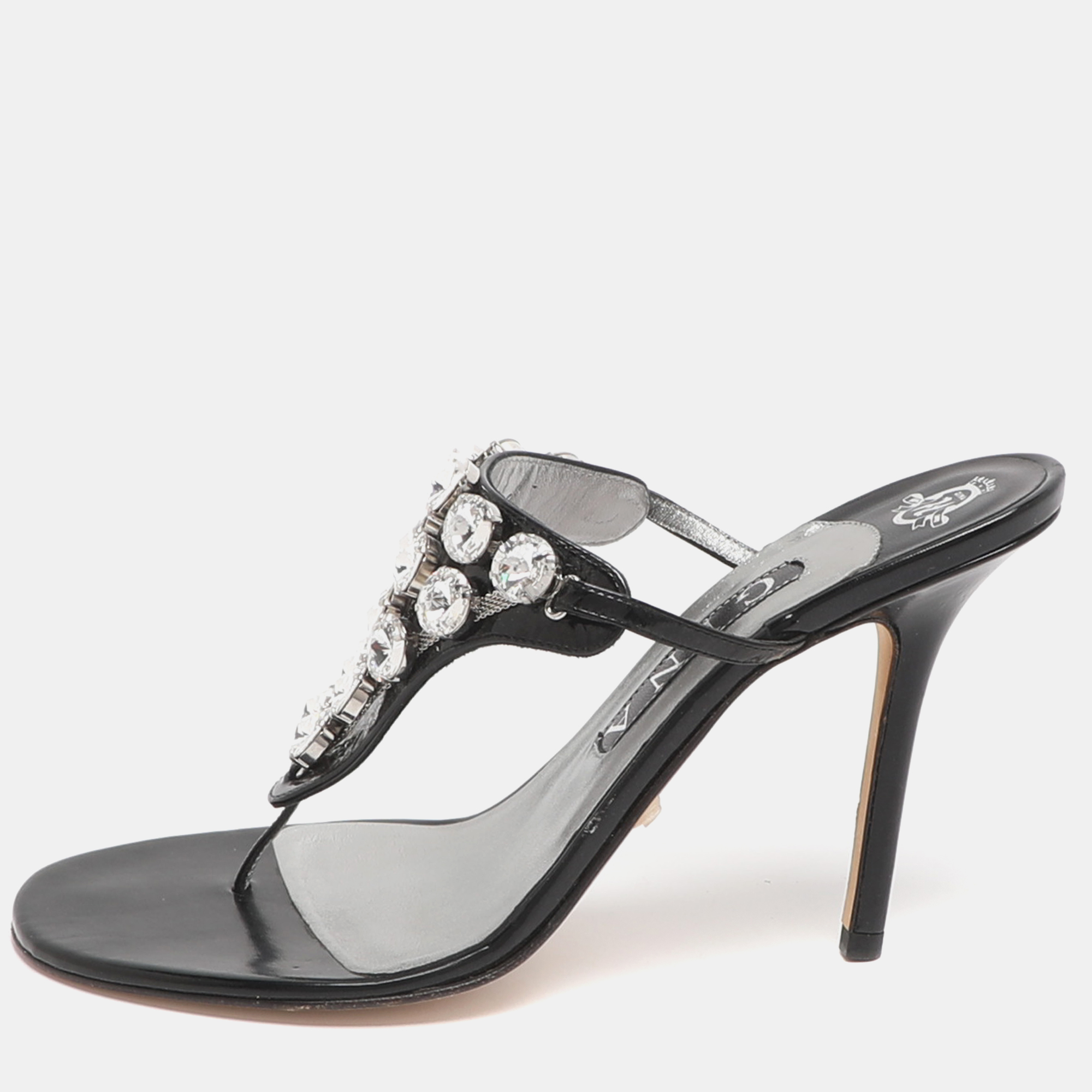

Gina Size 39 Black Crystals Embellished Patent Leather Thong Sandals