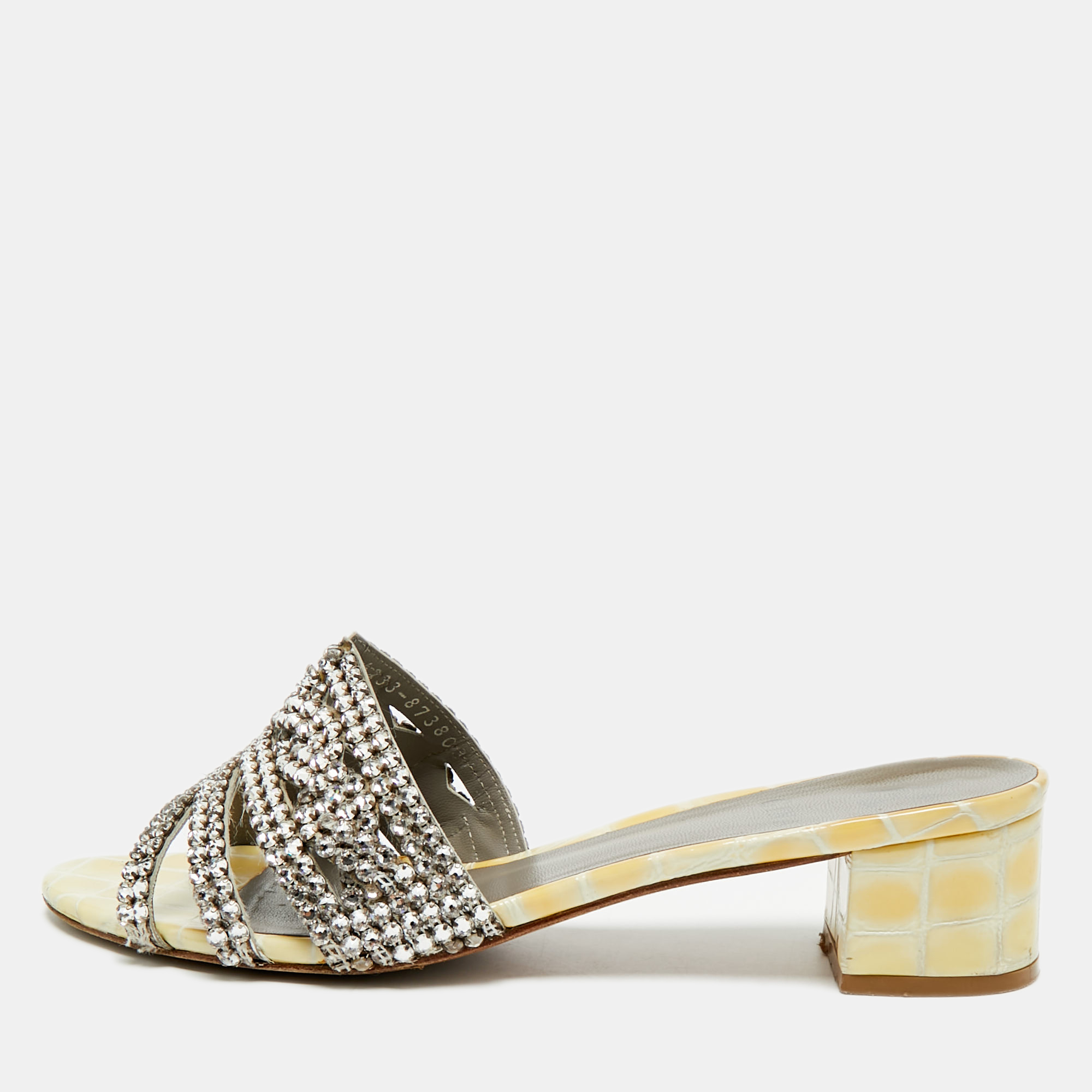 

Gina Size 38.5 Two Tone Leather Crystal Embellished Slide Sandals, Cream