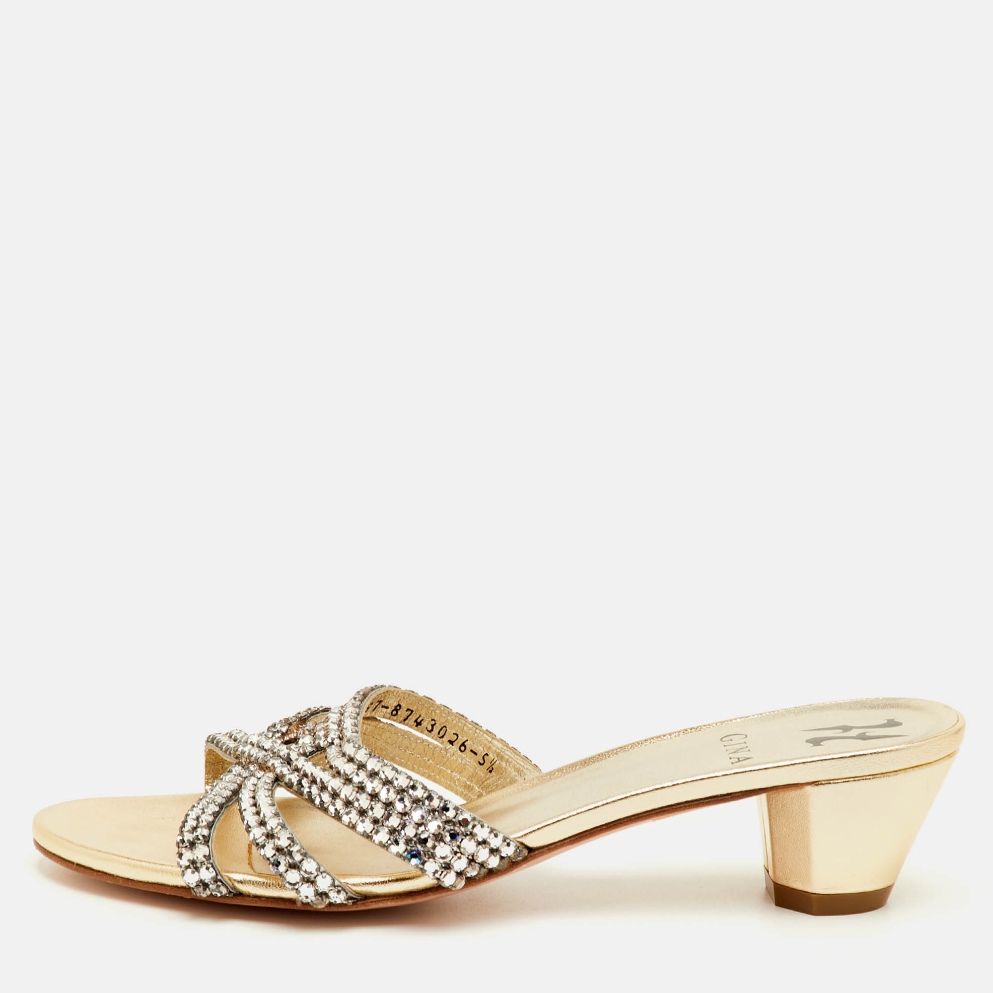 

Gina Size 38.5 Metallic Leather Crystal Embellished Slide Sandals