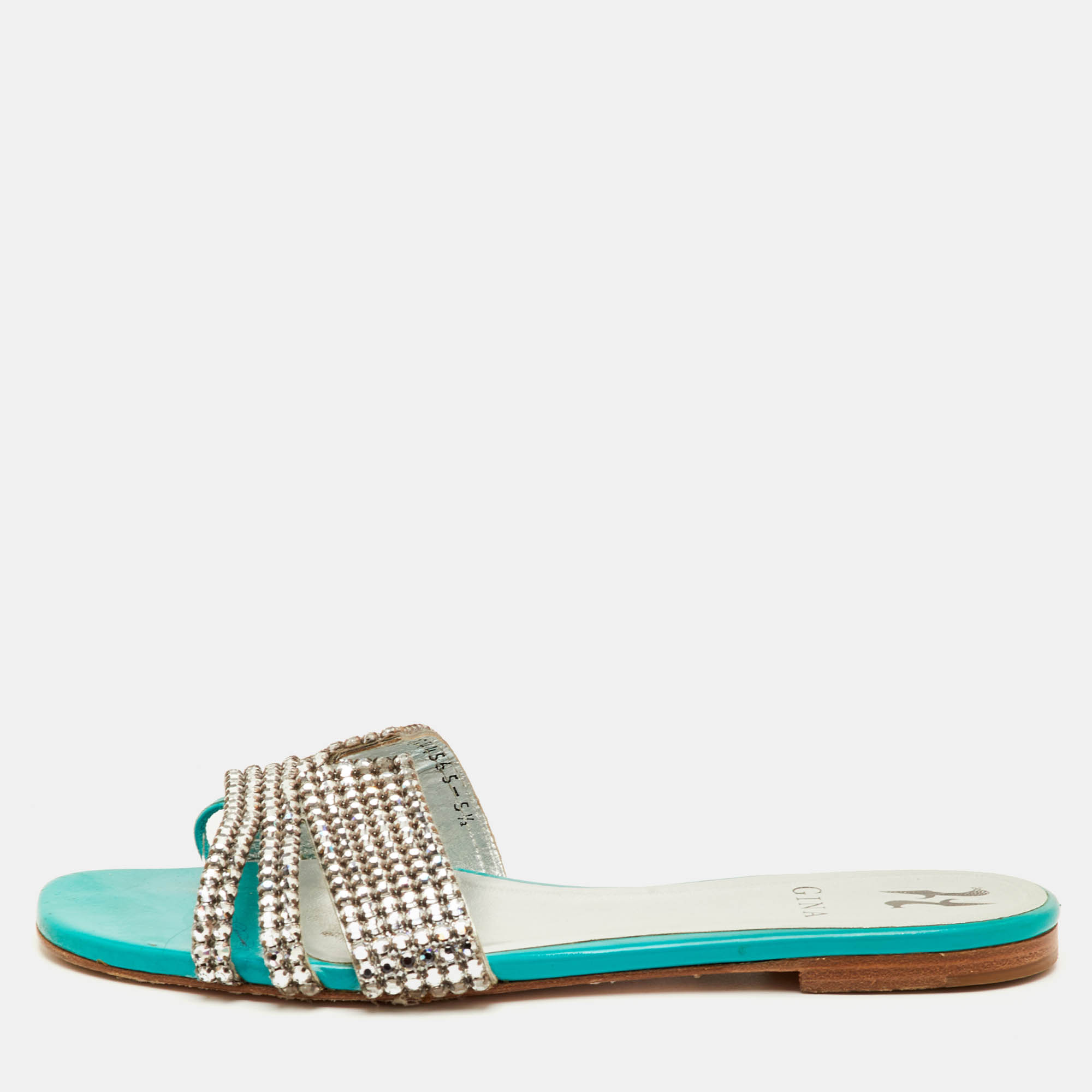 

Gina Lexi Size 38.5 Green Patent Leather Crystal Embellished Flat Slide Sandals