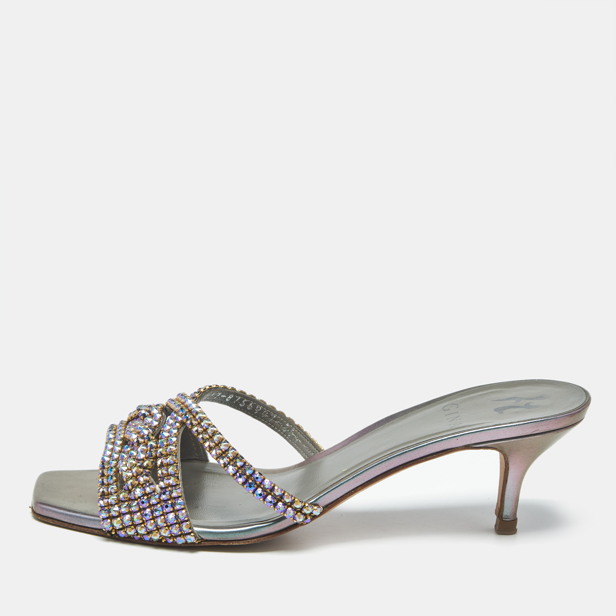 

Gina Size  Silver Leather Crystal Embellished Slide Sandals