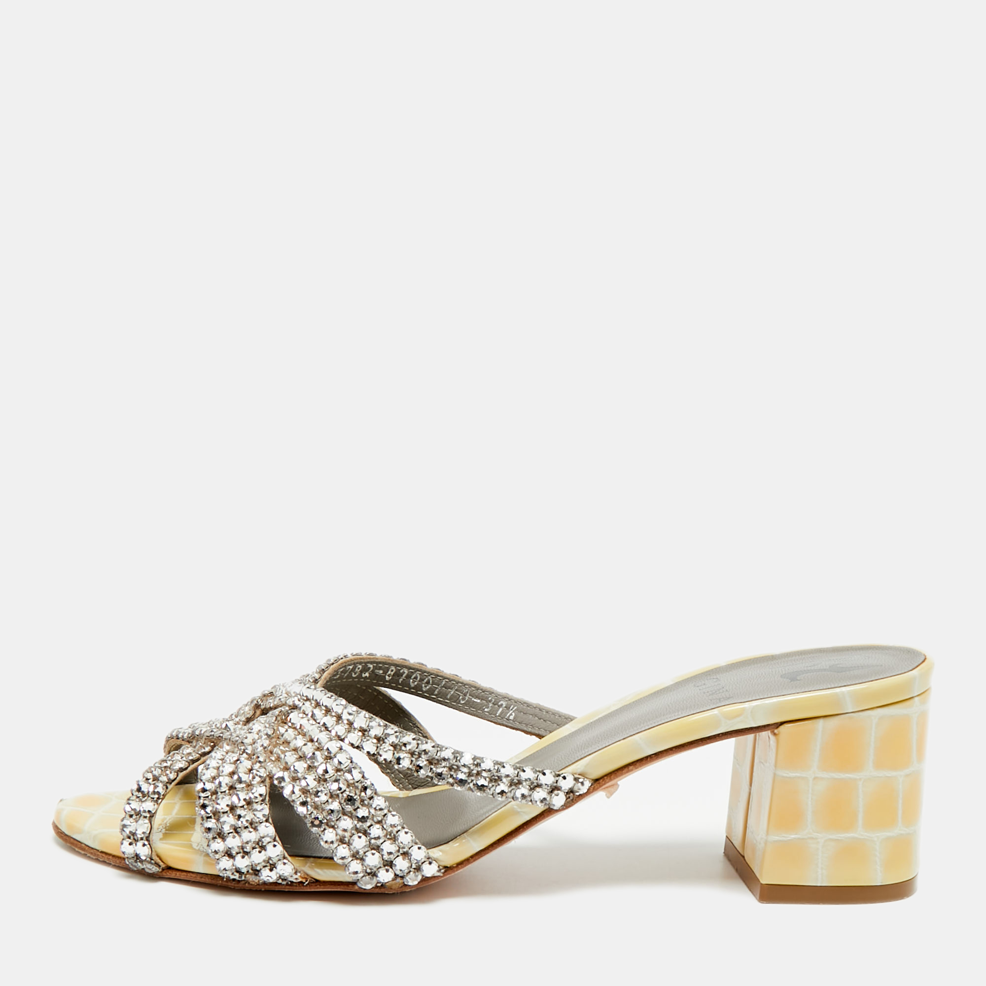 

Gina Size  Metallic Leather Crystal Embellished Slide Sandals