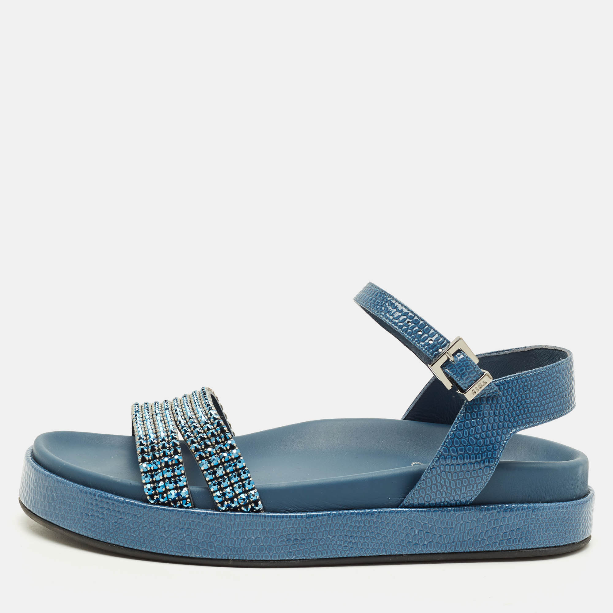 

Gina Size 39 Navy Blue Lizard Embossed Leather Ankle Strap Flat Sandals