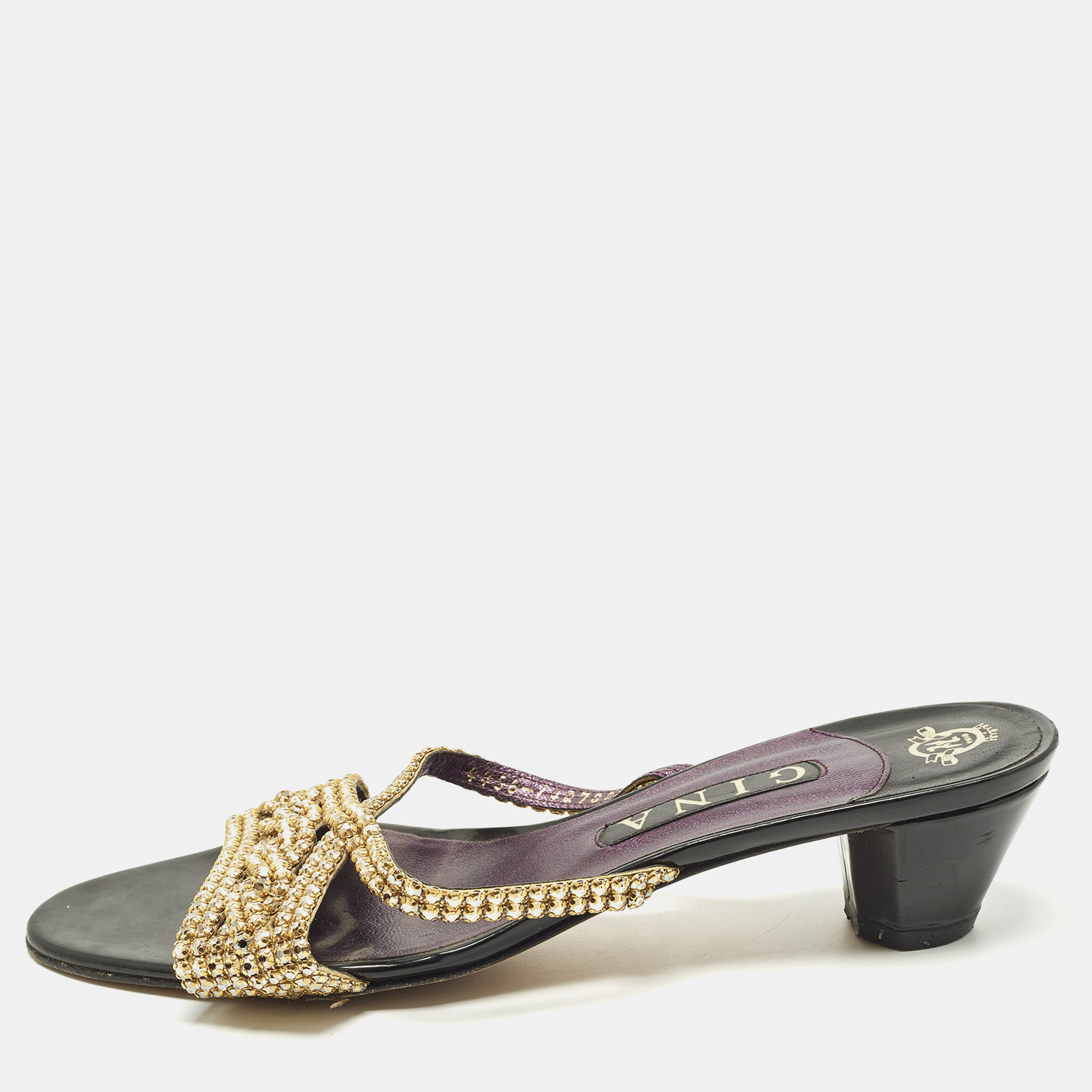 

Gina Size 41 Gold Leather Crystal Embellished Slide Sandals