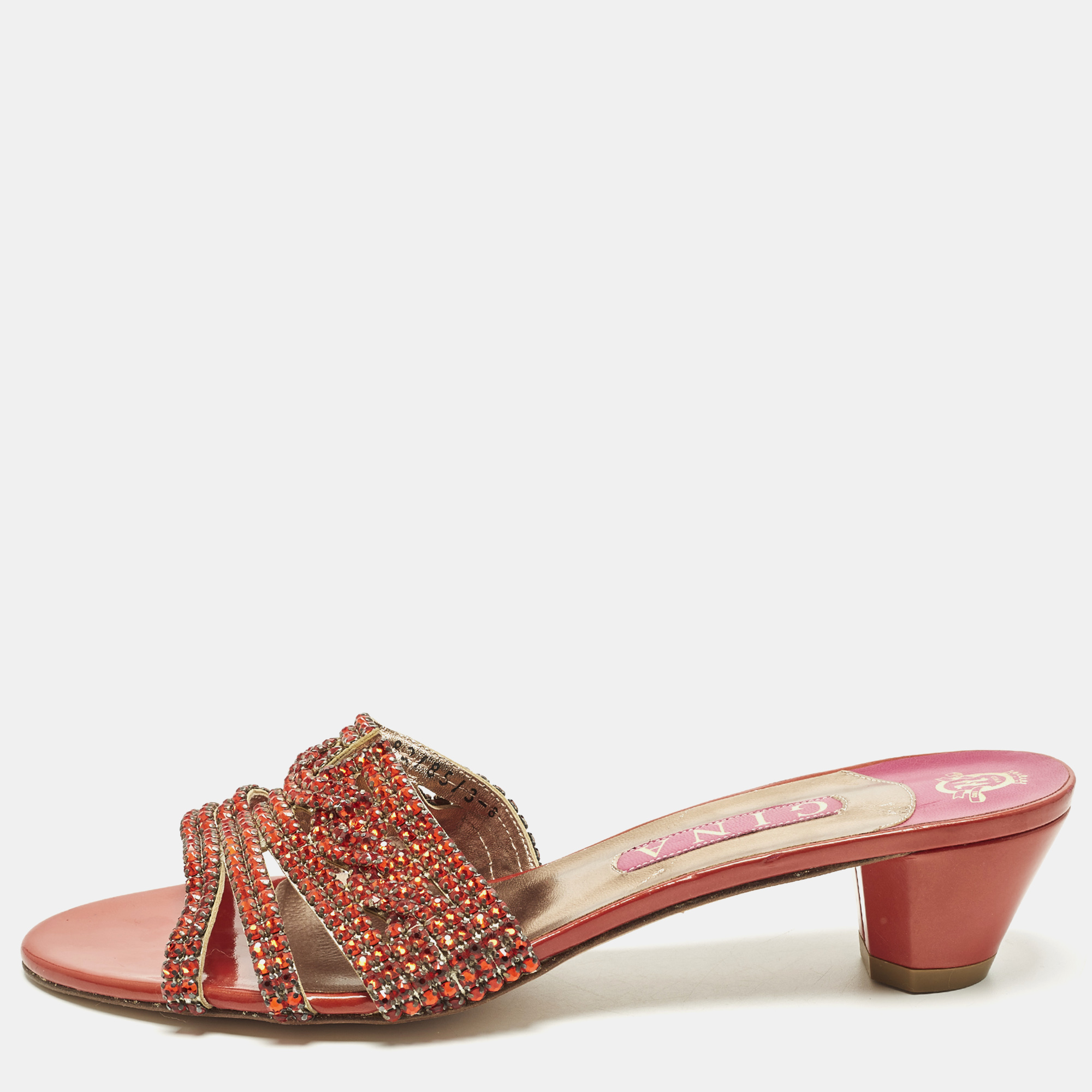 

Gina Size 41 Two Tone Leather Crystal Embellished Slide Sandals, Red