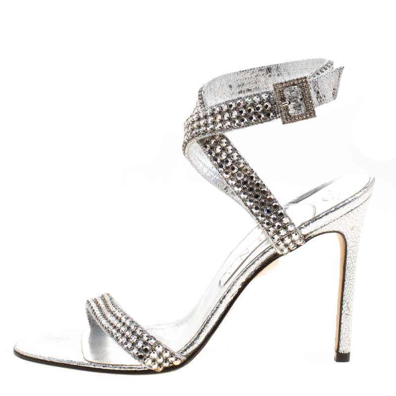 

Gina Metallic Silver Crystal Embellished Ankle Strap Sandals Size