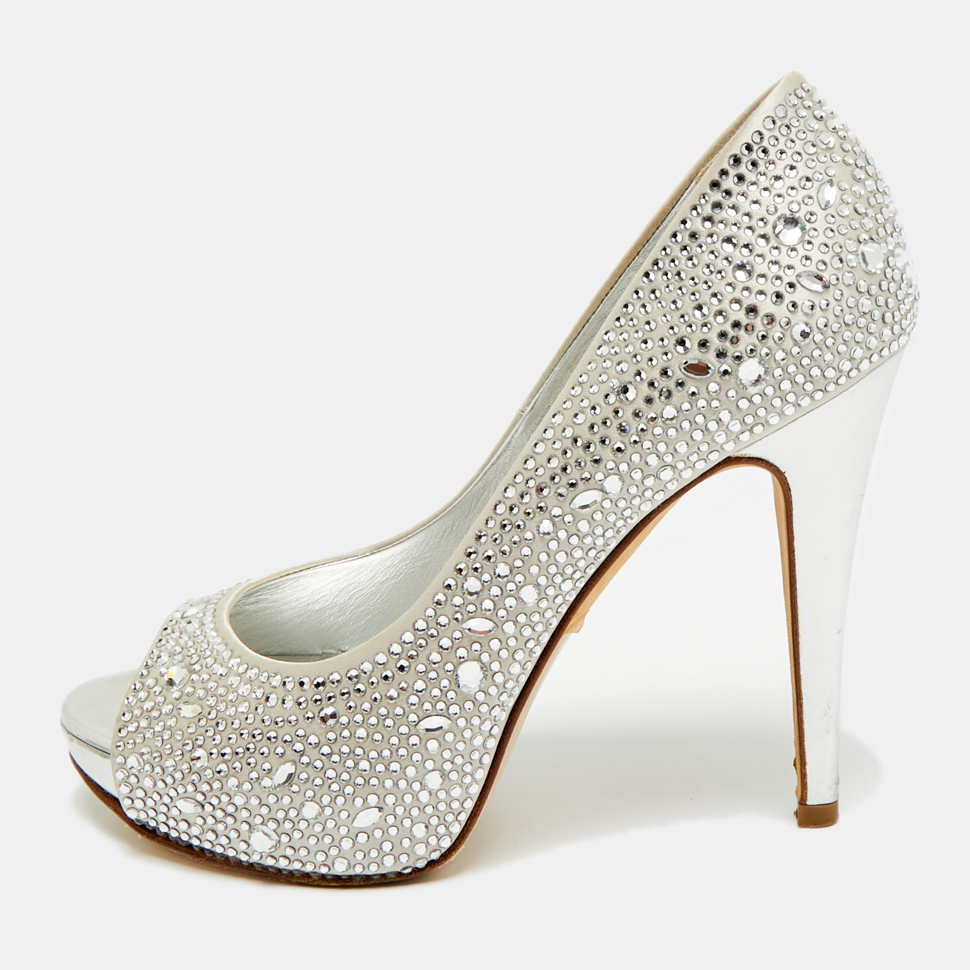 

Gina Size 37.5 Grey Satin Crystal Embellished Platform Peep Toe Pumps