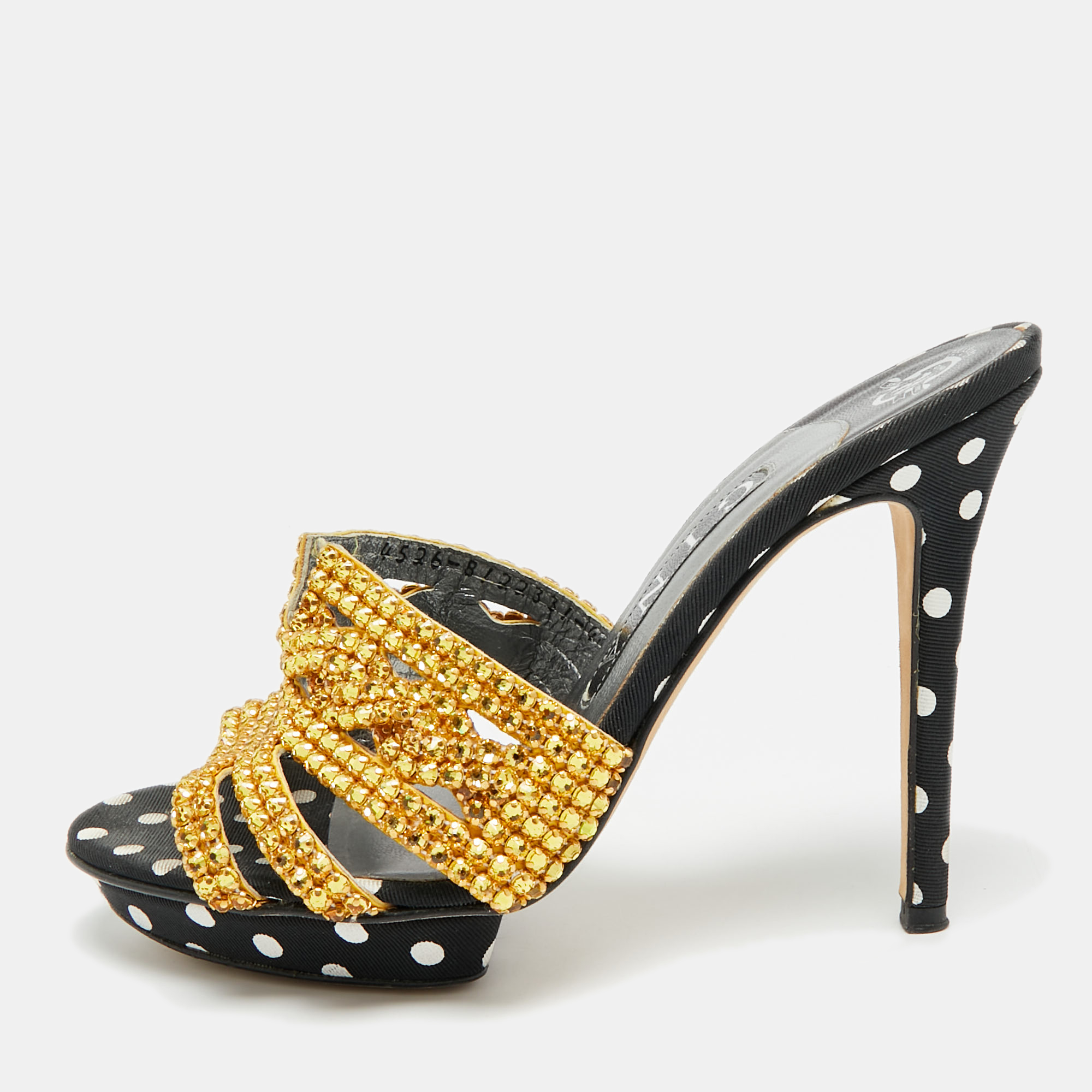 

Gina Size 37 Black/Gold Leather And Canvas Crystal Embellished Slide Sandals