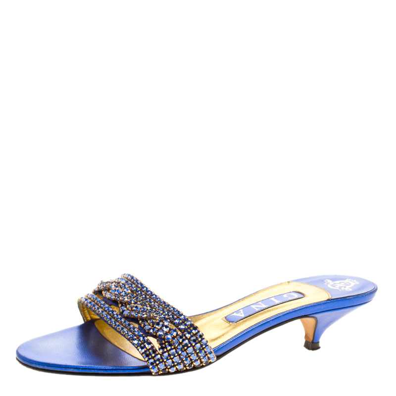 Gina Blue Crystal Embellished Kitten Heel Slides Size 38