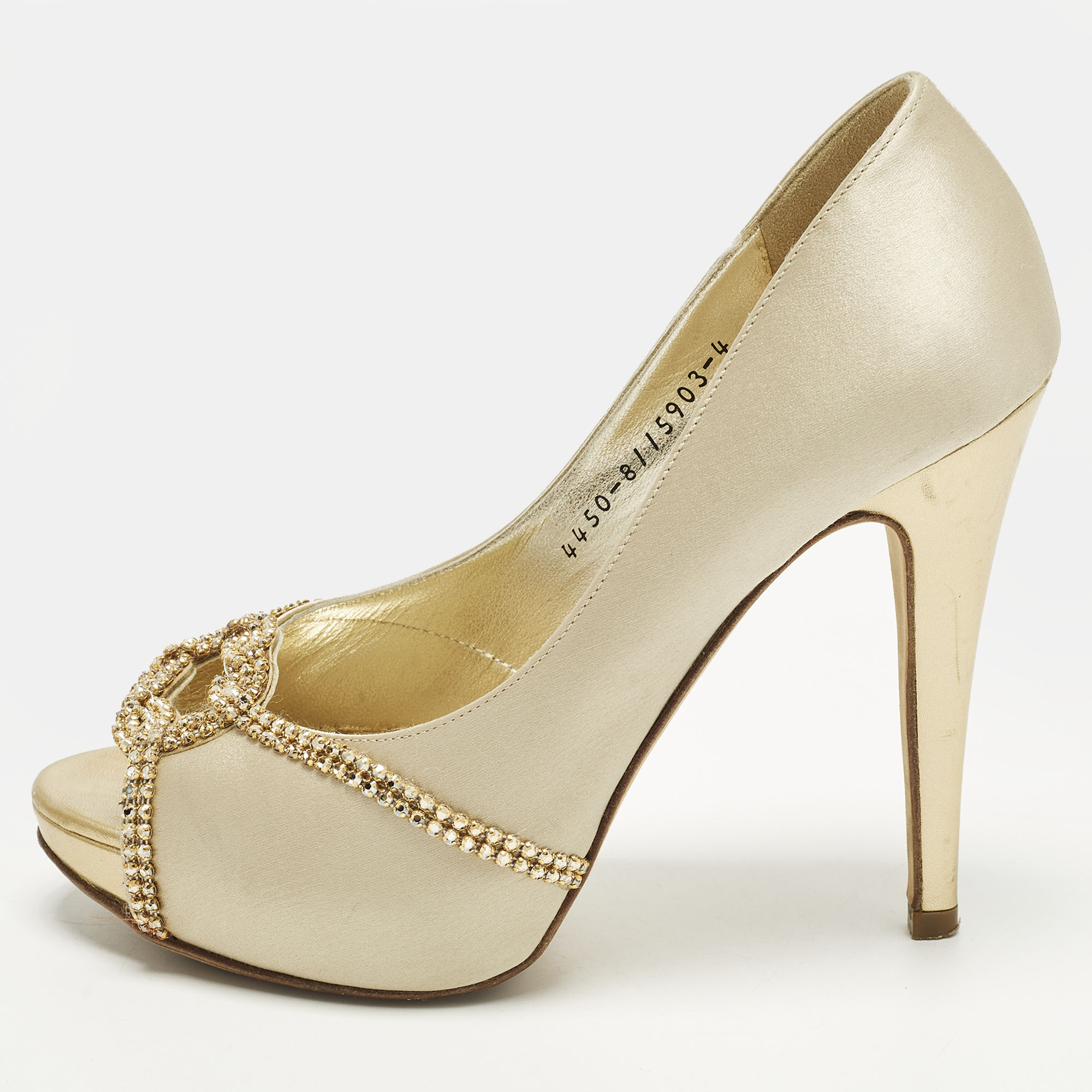 

Gina Size 37 Gold Leather and Satin Crystal Embellished Platform Pumps