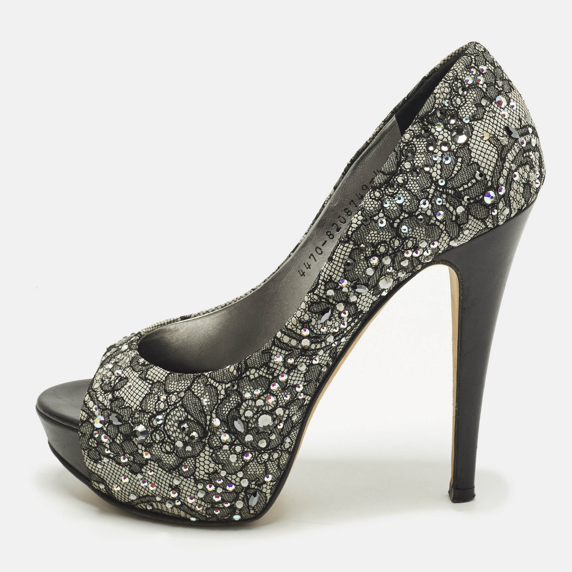 

Gina Size 37 Grey/Black Satin and Lace Crystal Embellished Platform Peep Toe Pumps