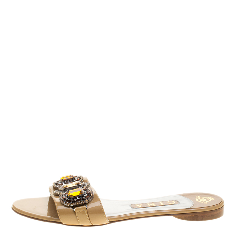 

Gina Beige Patent Leather Crystal Embellished Flat Slides Size