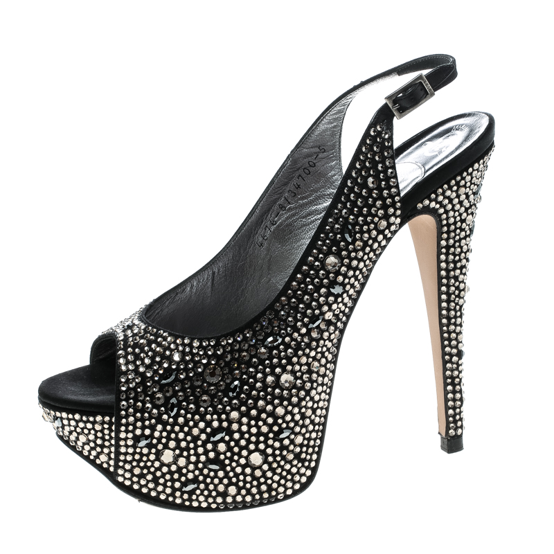 

Gina Black Satin Crystal Embellished Platform Peep Toe Slingback Sandals Size
