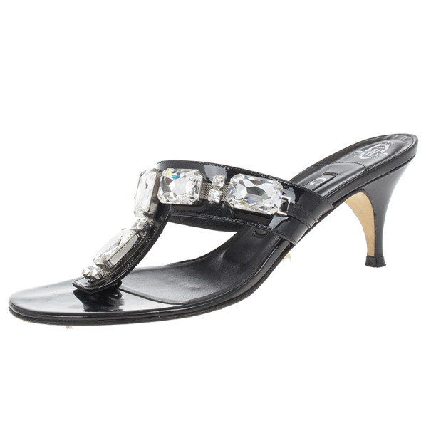 Pre Owned Gina Black Crystal Embellished Thong Sandals Size 38.5