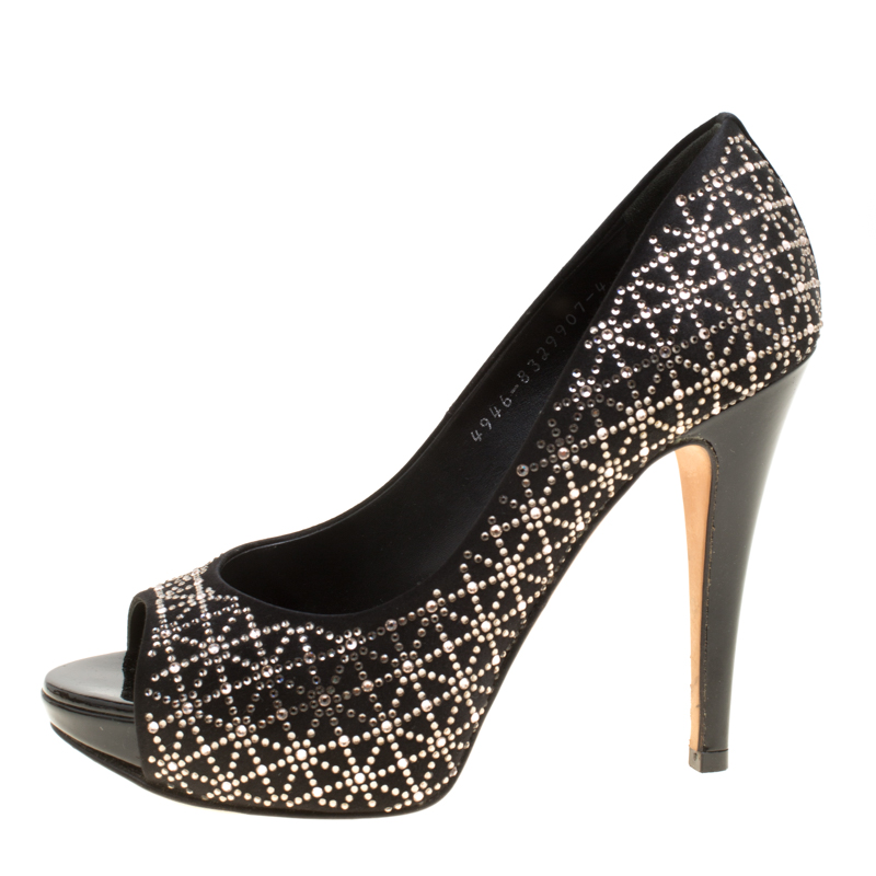 

Gina Black Satin Crystal Embellished Peep Toe Platform Pumps Size