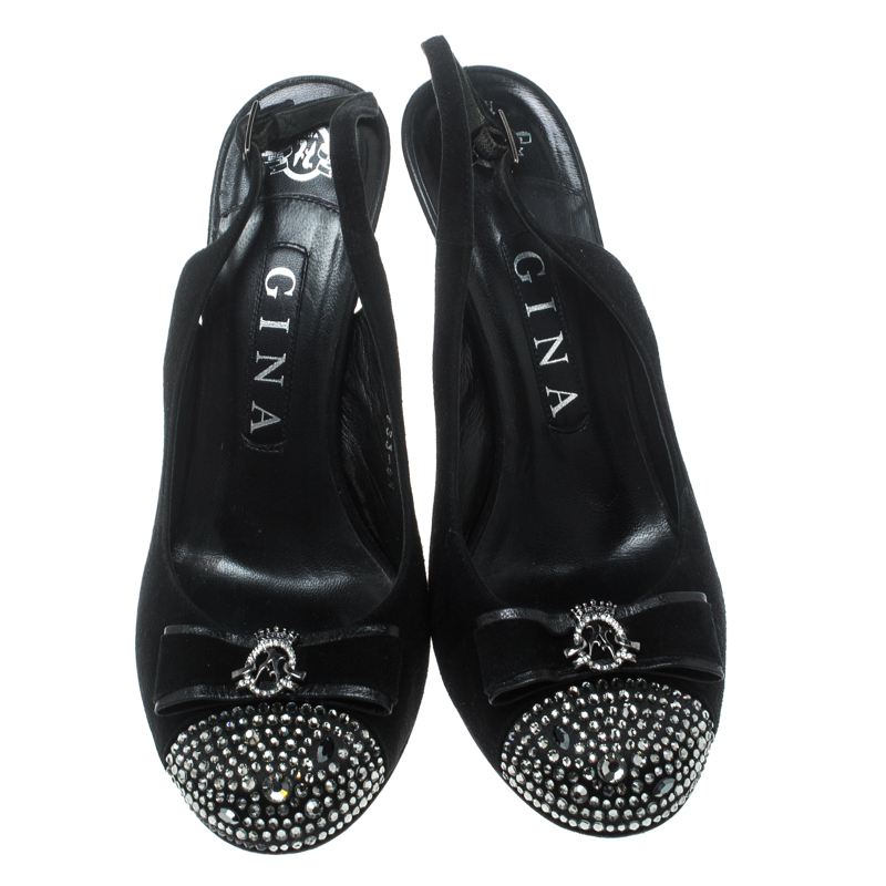 Pre-owned Gina Black Suede Crystal Embellished Cap Toe Slingback Sandals Size 37.5