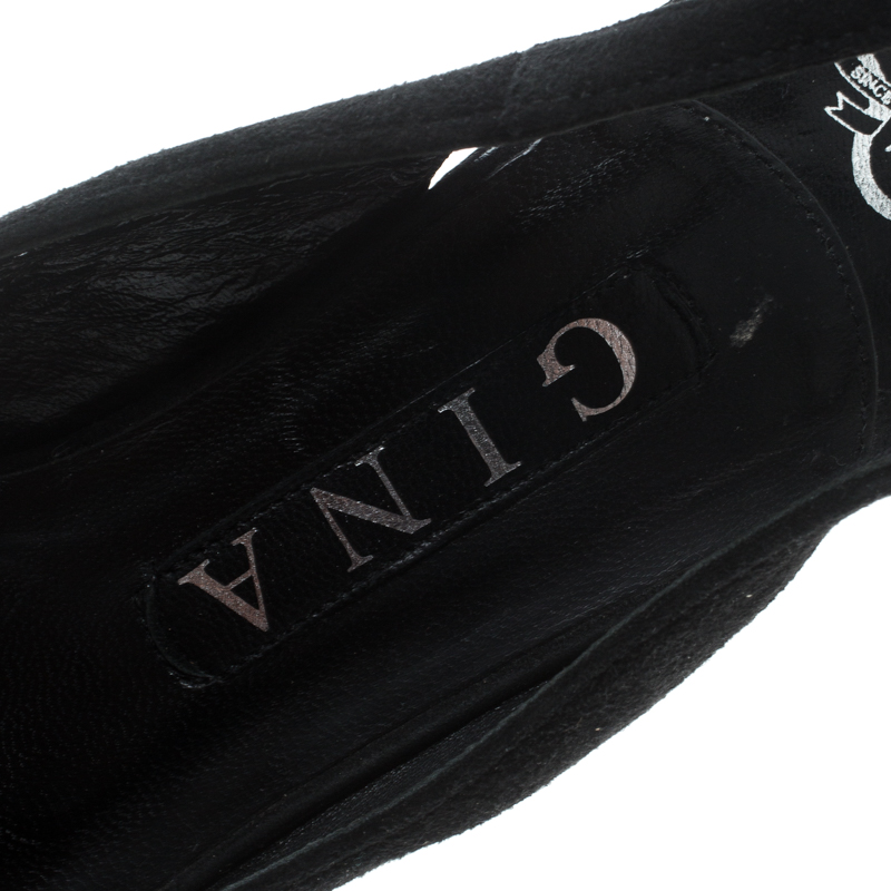 Pre-owned Gina Black Suede Crystal Embellished Cap Toe Slingback Sandals Size 37.5