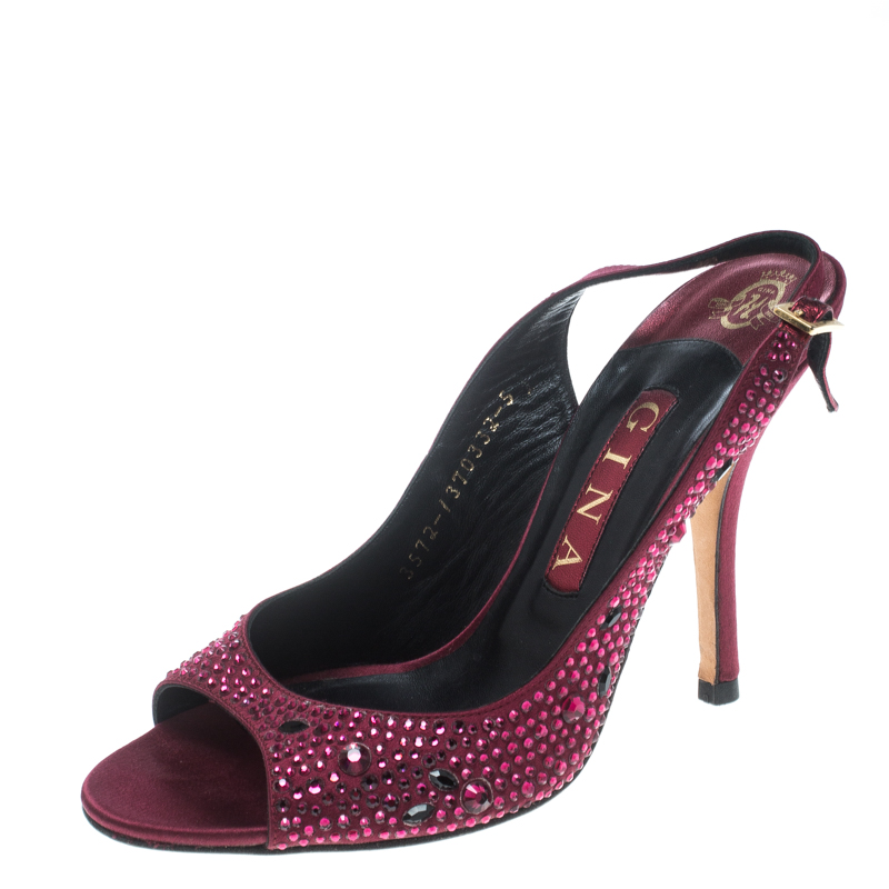 

Gina Red Satin Crystal Embellished Peep Toe Slingback Sandals Size 38