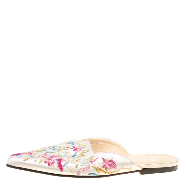 

Gina Beige Silk Satin Floral Embroidered Flat Mules Size