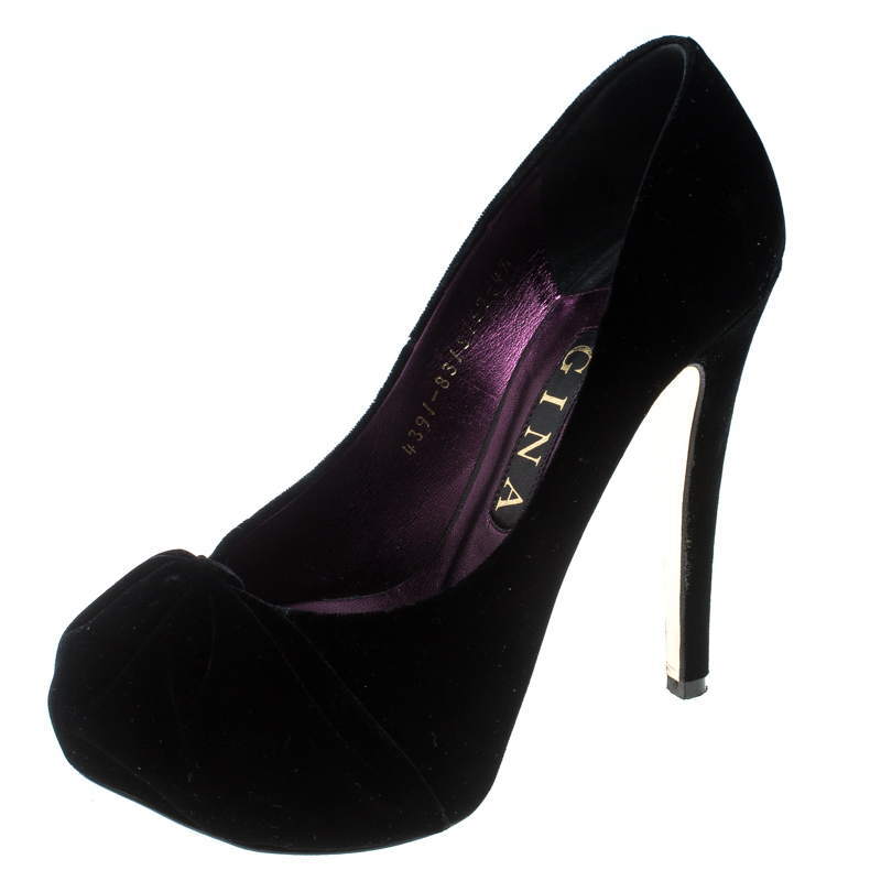 Pre Owned Gina Black Velvet Clair Platform Pumps Size 37.5