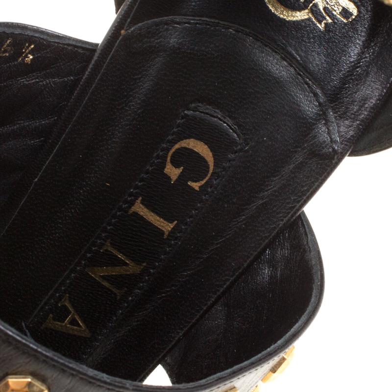 Pre-owned Gina Black Leather Studded Ankle Strap Platform Sandals Size 39.5 In Gold