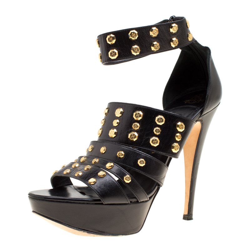 

Gina Black Leather Studded Ankle Strap Platform Sandals Size 39.5, Gold